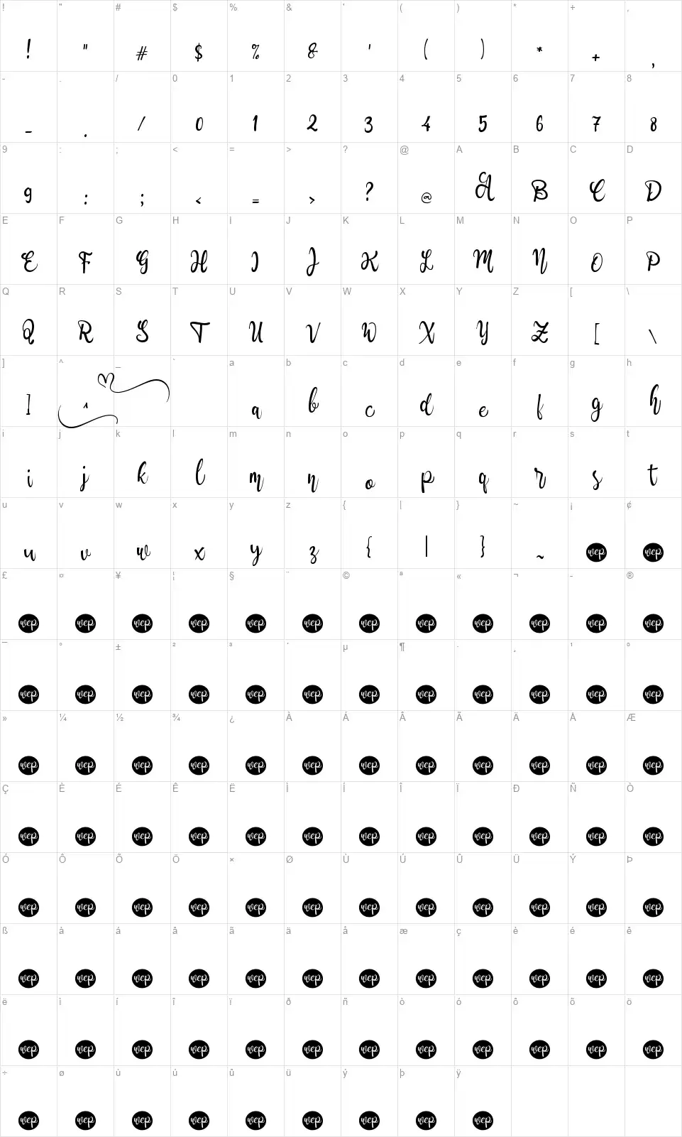A Awake Heartsfont character map