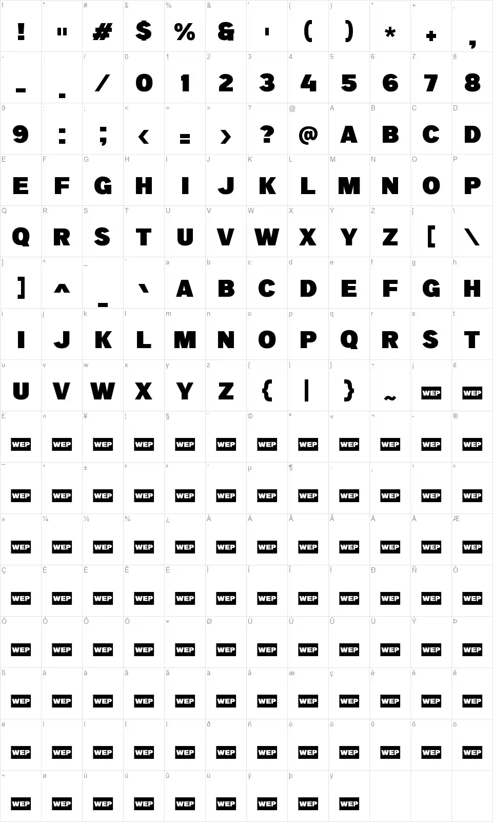 a Big Dealfont character map