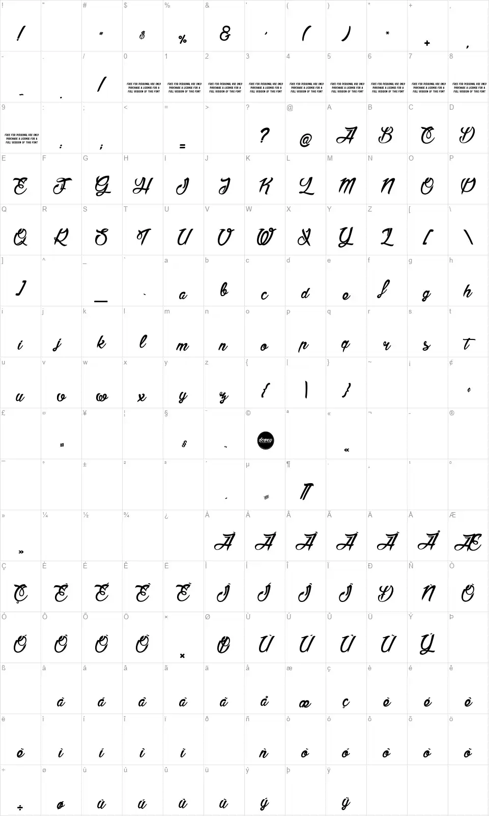 America and Starsfont character map