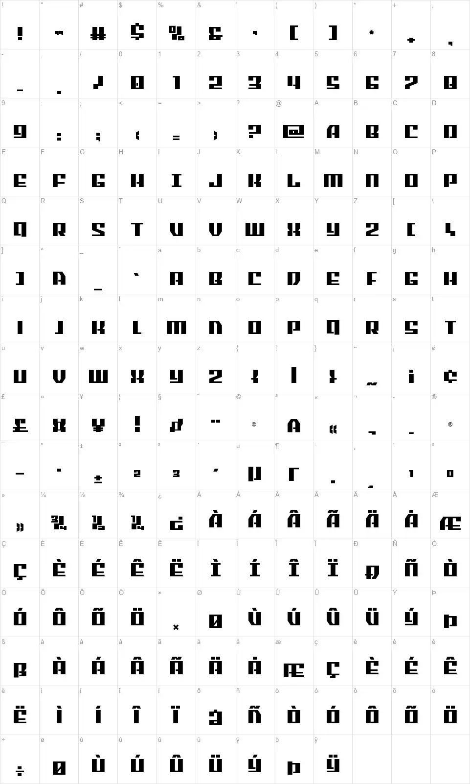 American Grainfont character map