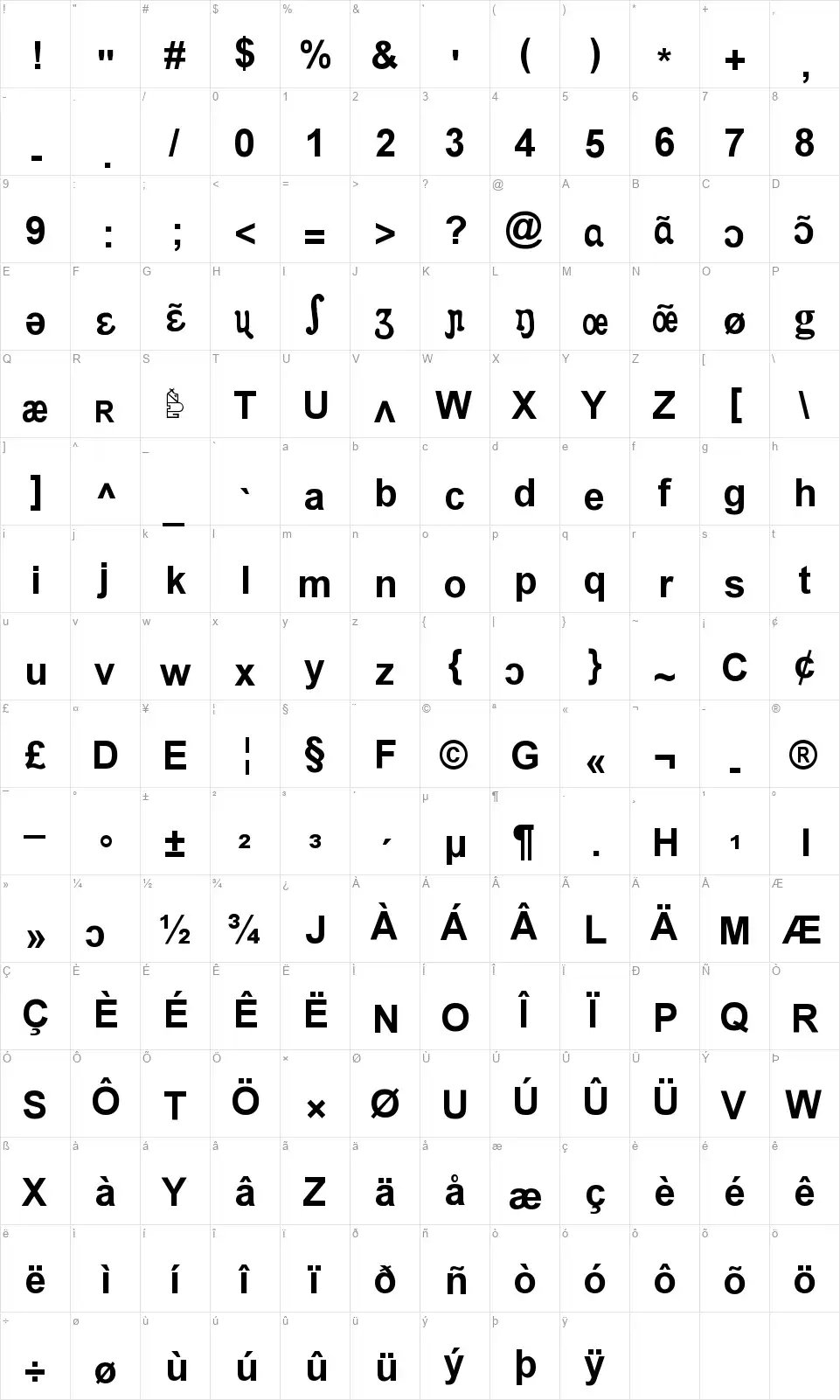 Apicarfont character map