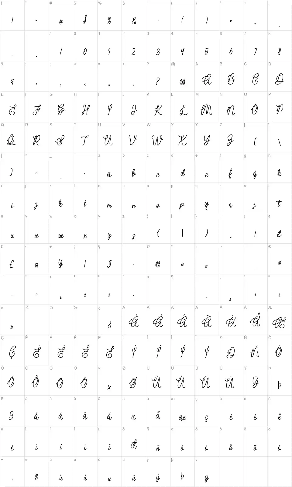 Arfellionfont character map