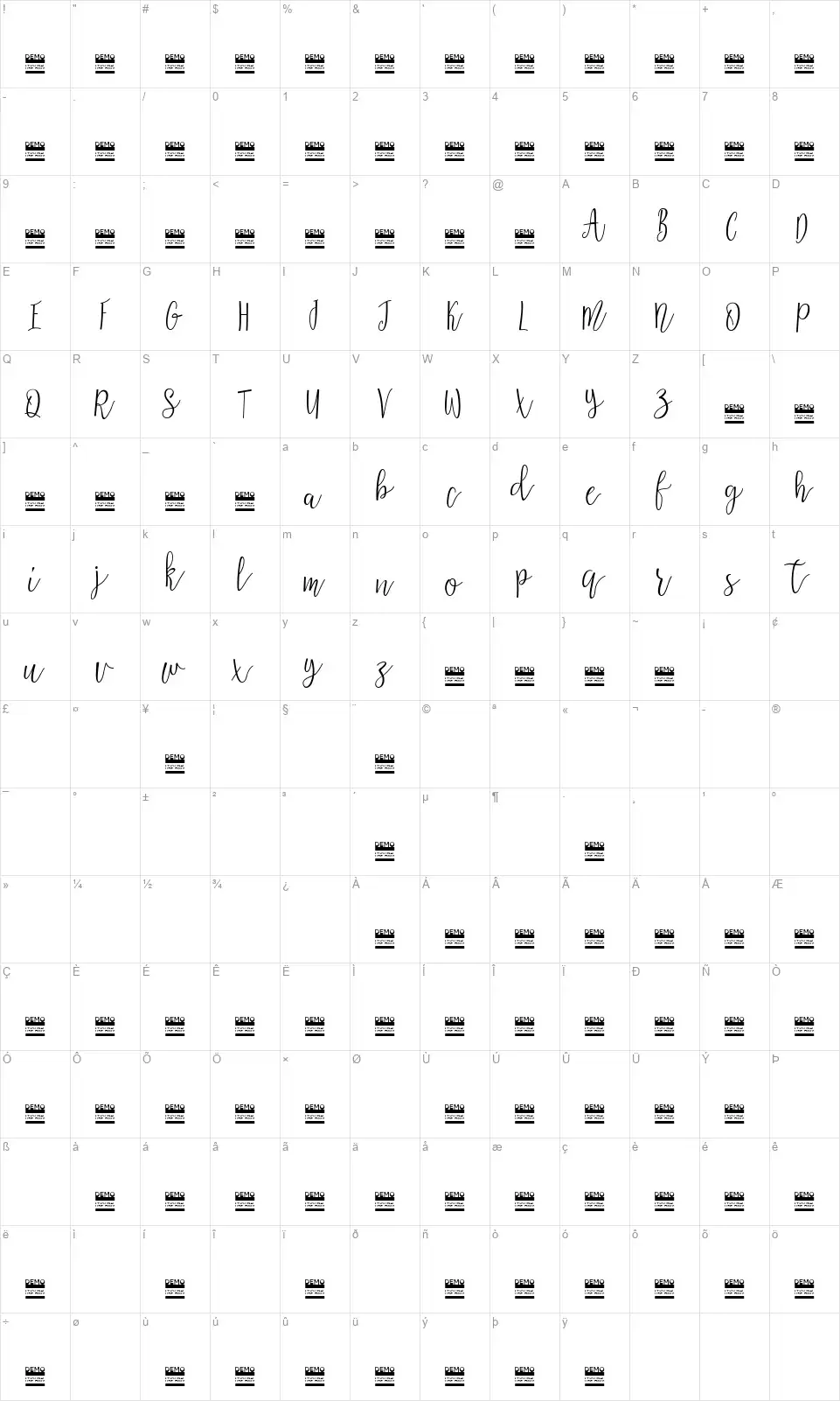 Aziyafont character map
