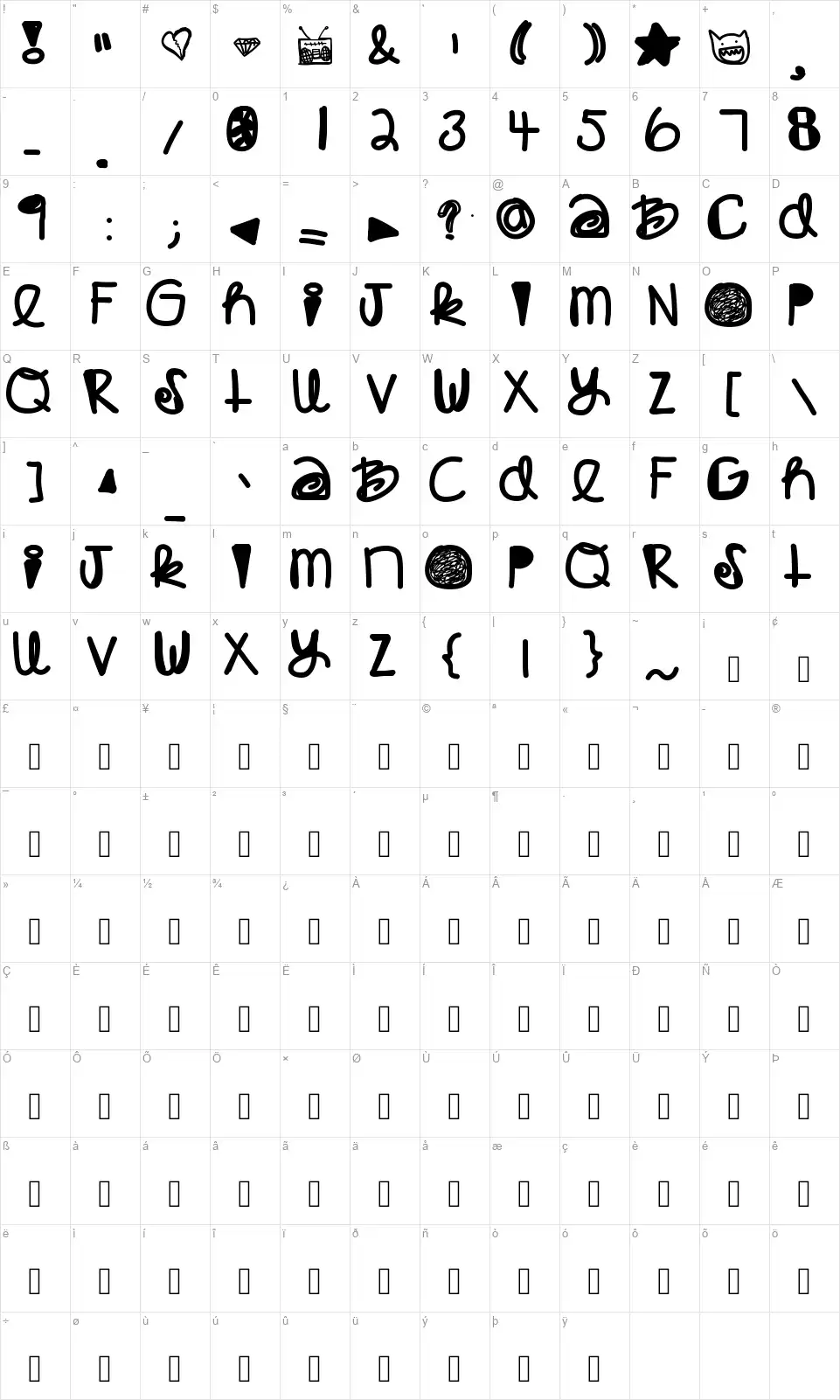 Babaganooshfont character map