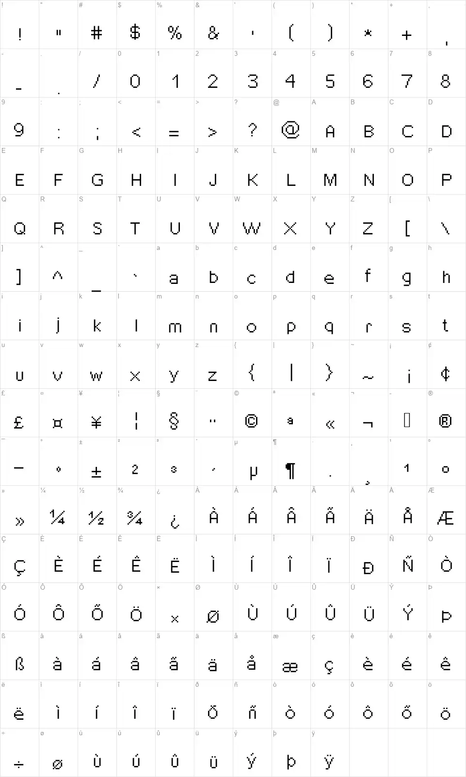 Babybluefont character map