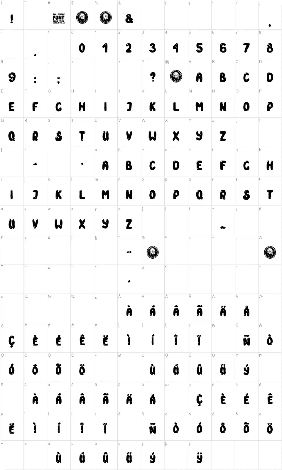 Ballooningfont character map