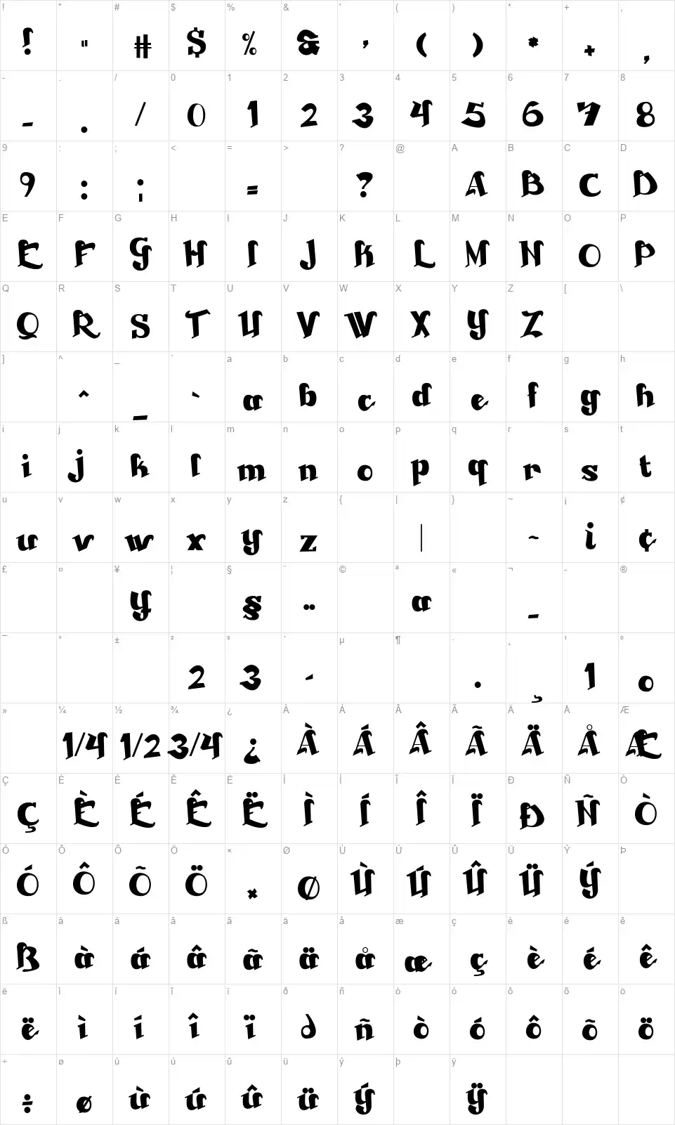Beckasinfont character map
