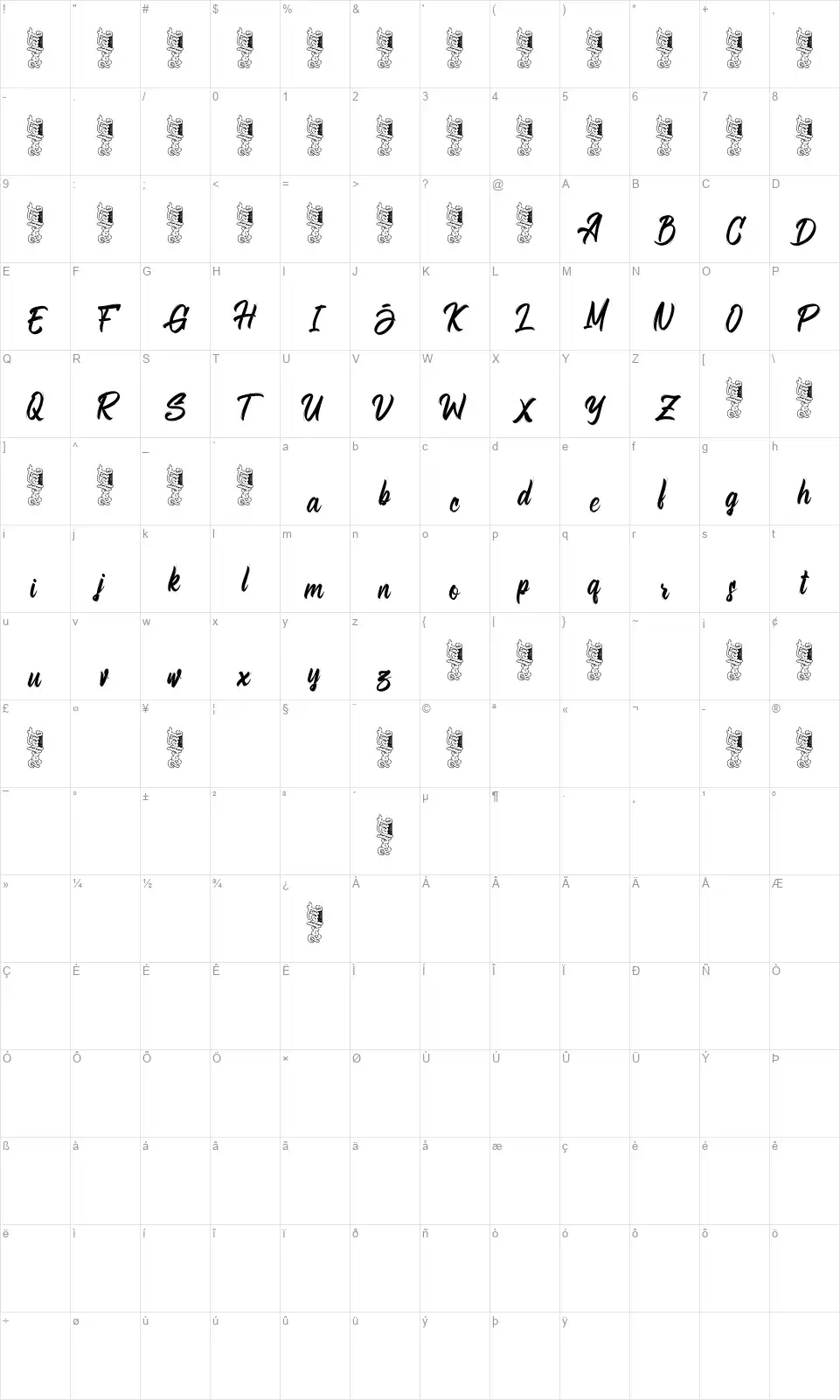 Bellsmore Brushfont character map