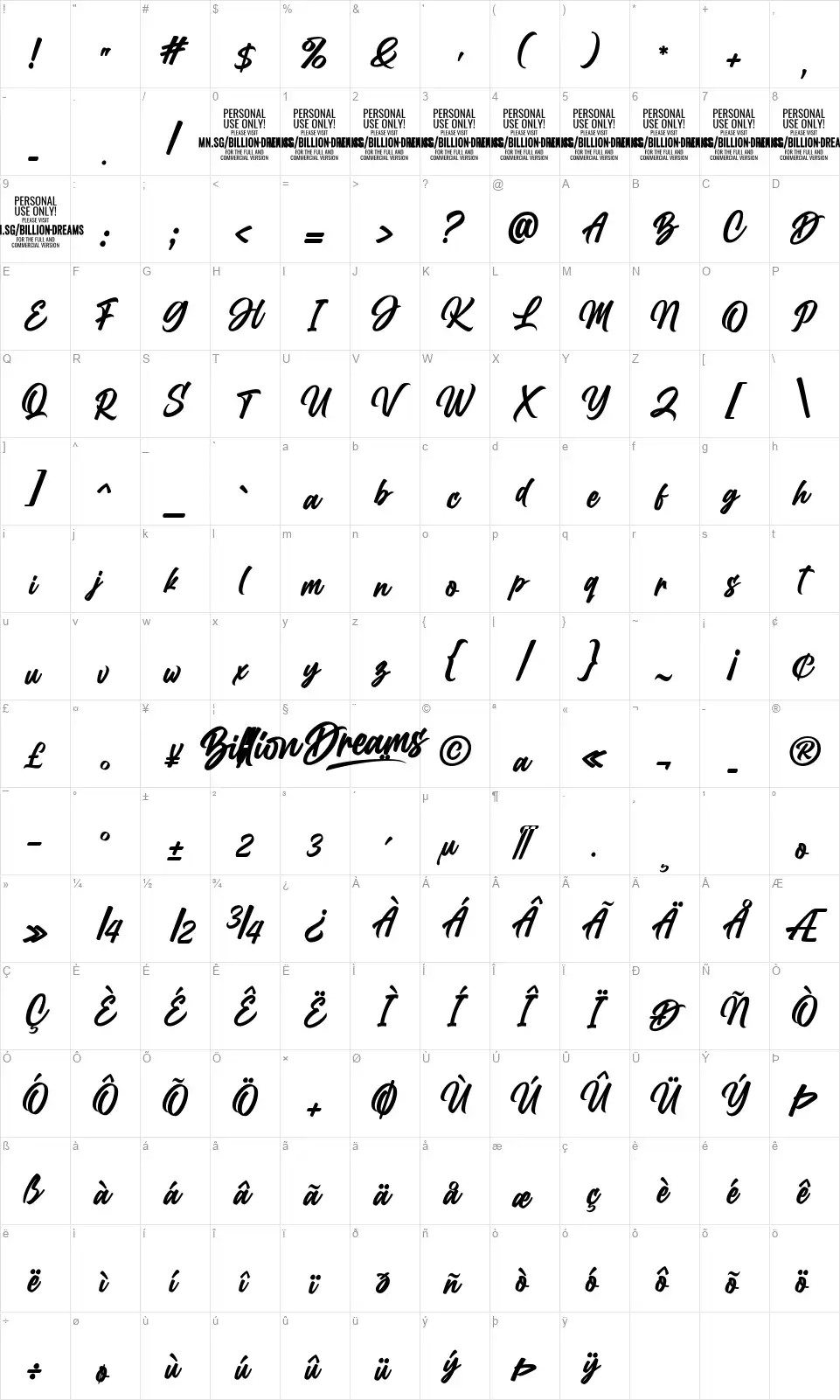 Billion Dreamsfont character map