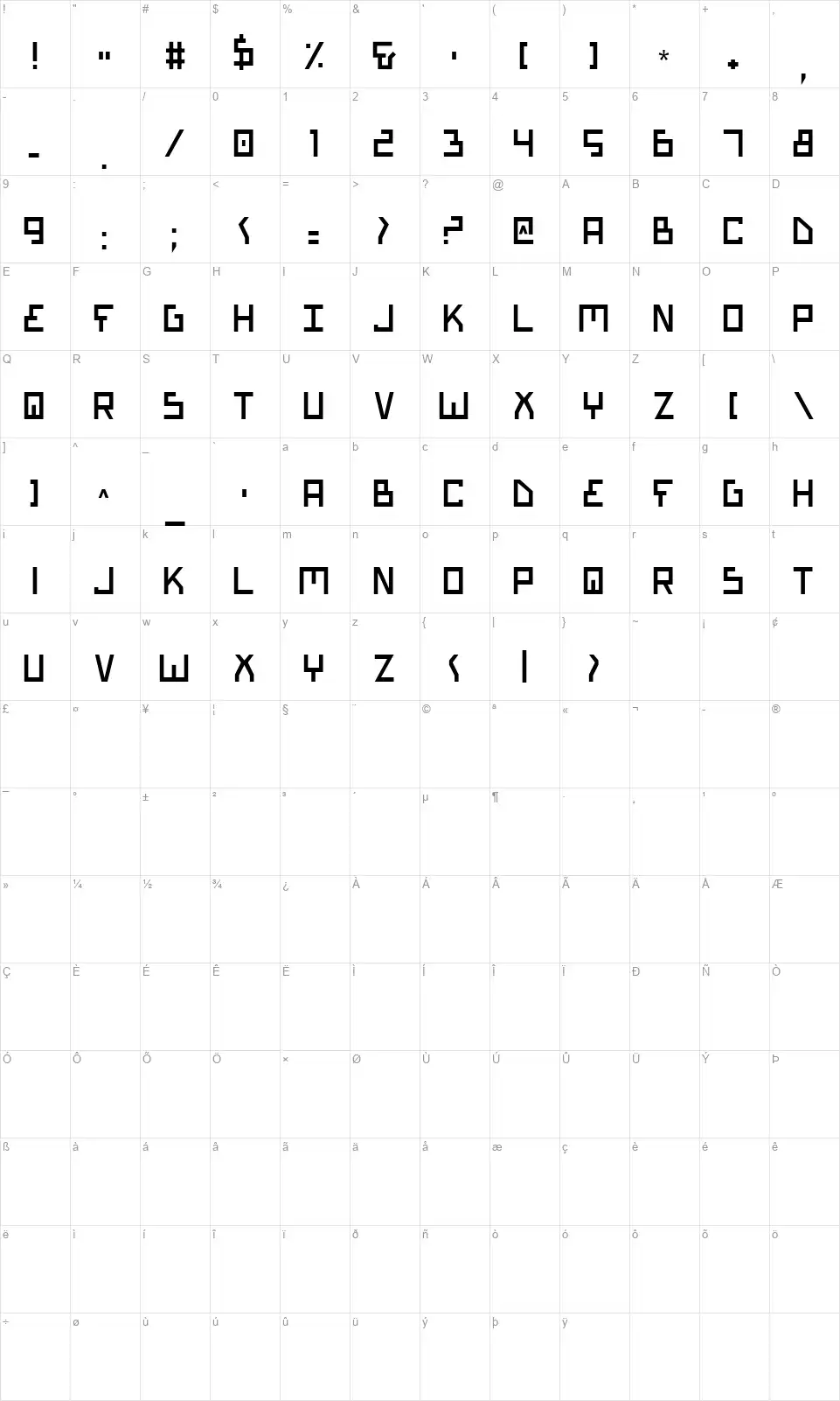 Bionic Typefont character map