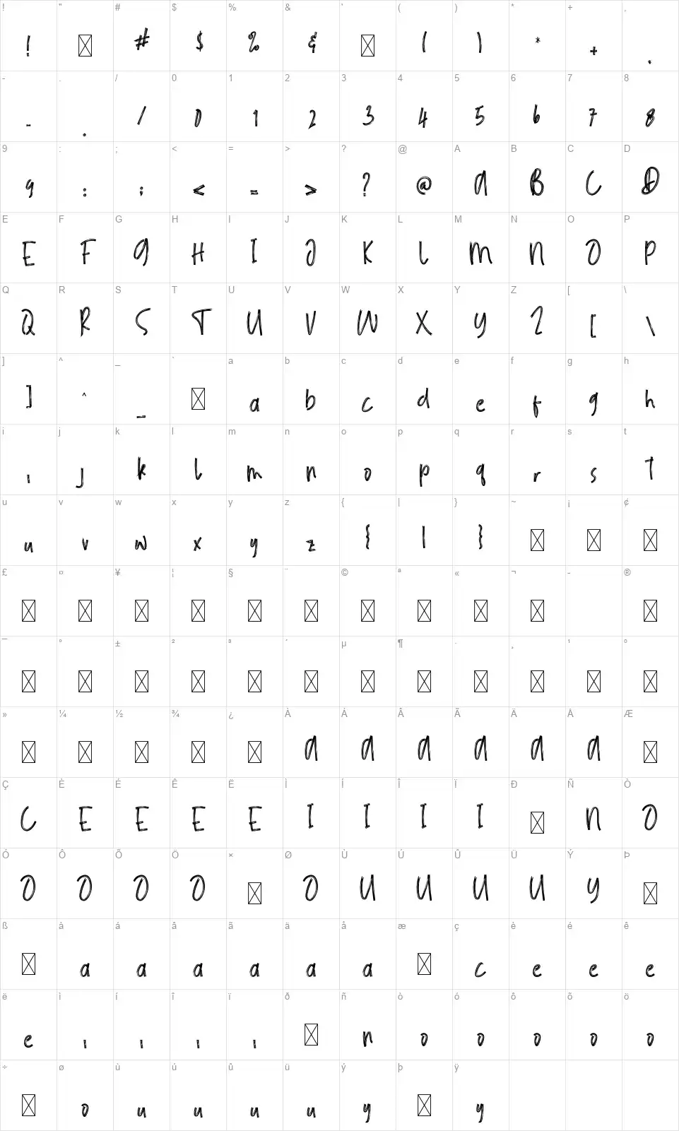 Black Paperfont character map