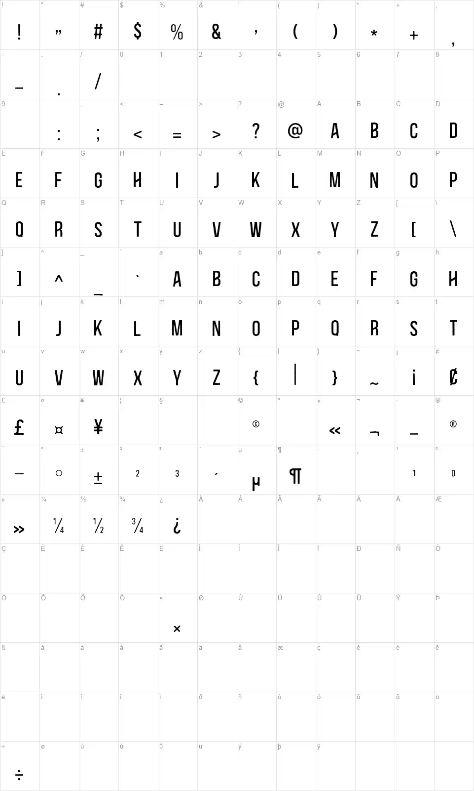 Blacksidefont character map