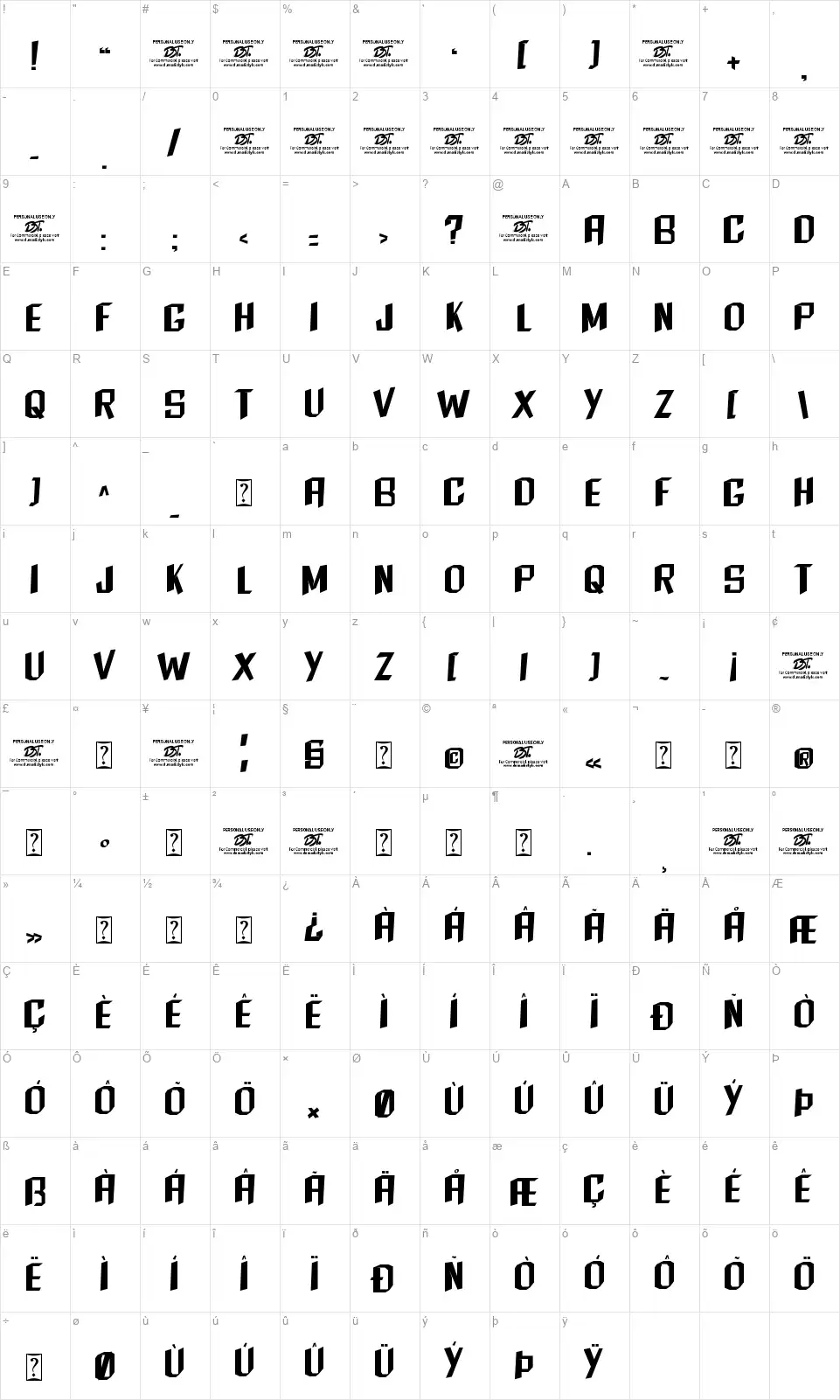 Block Paperfont character map