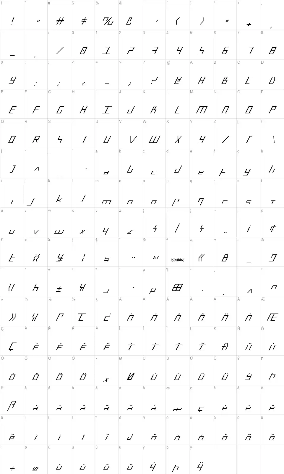 Blue Julyfont character map