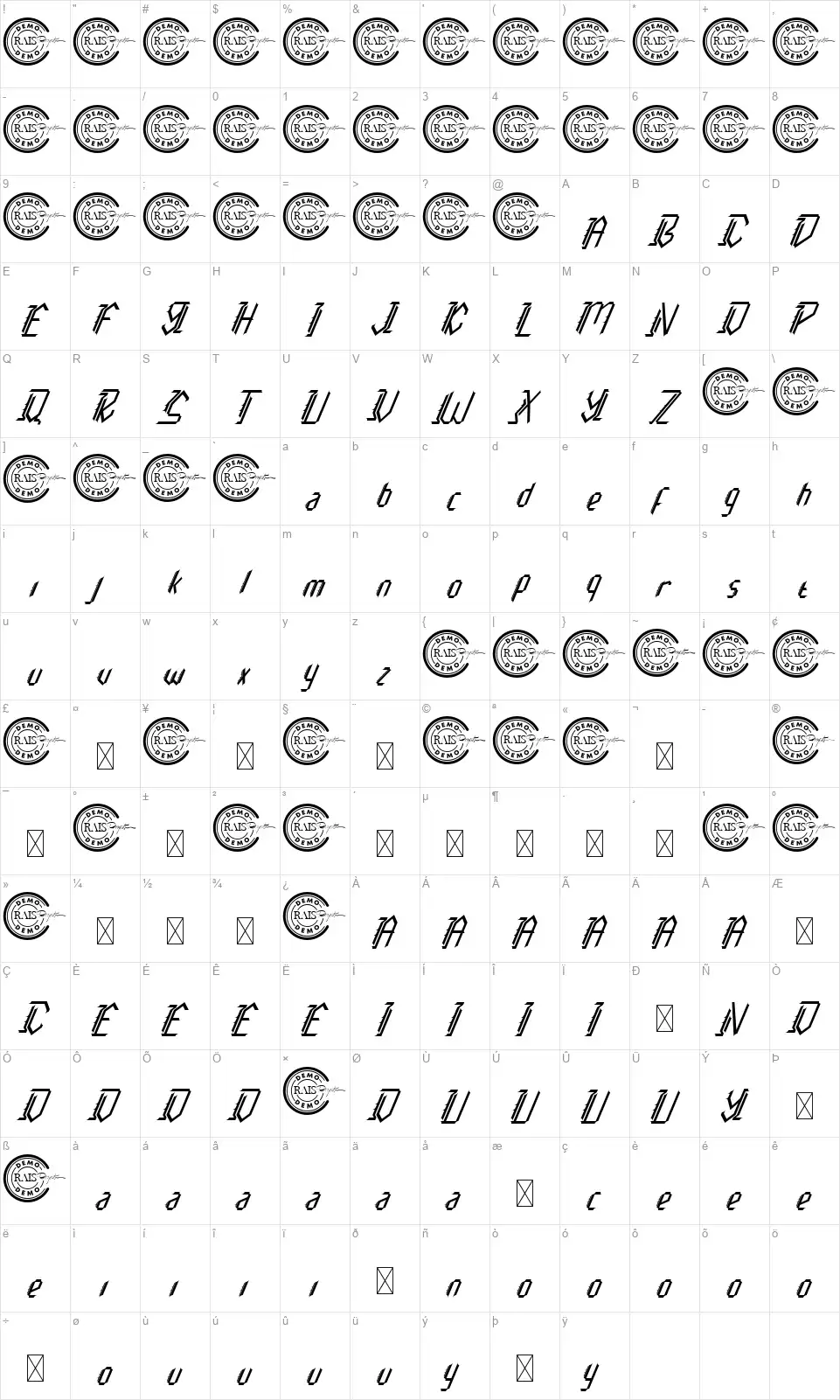 Brainpowerfont character map