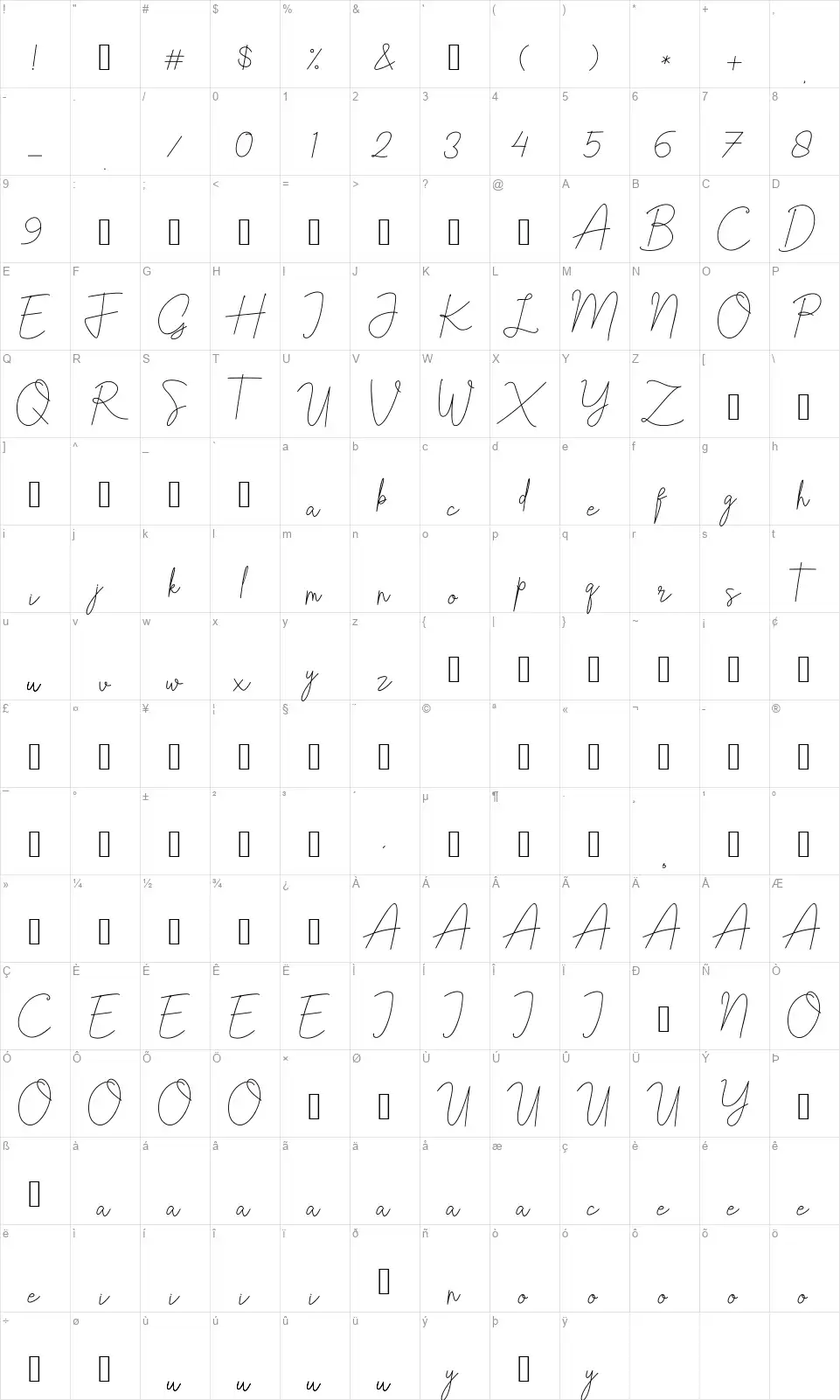 Bristine Signaturefont character map