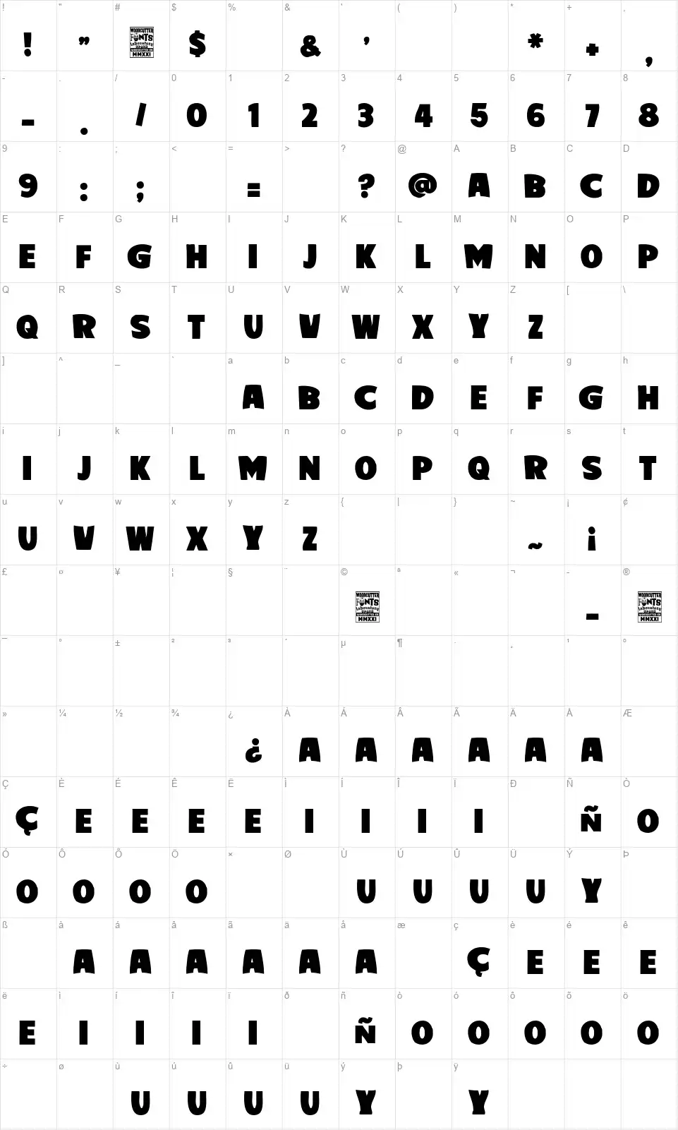 Brutus Academyfont character map