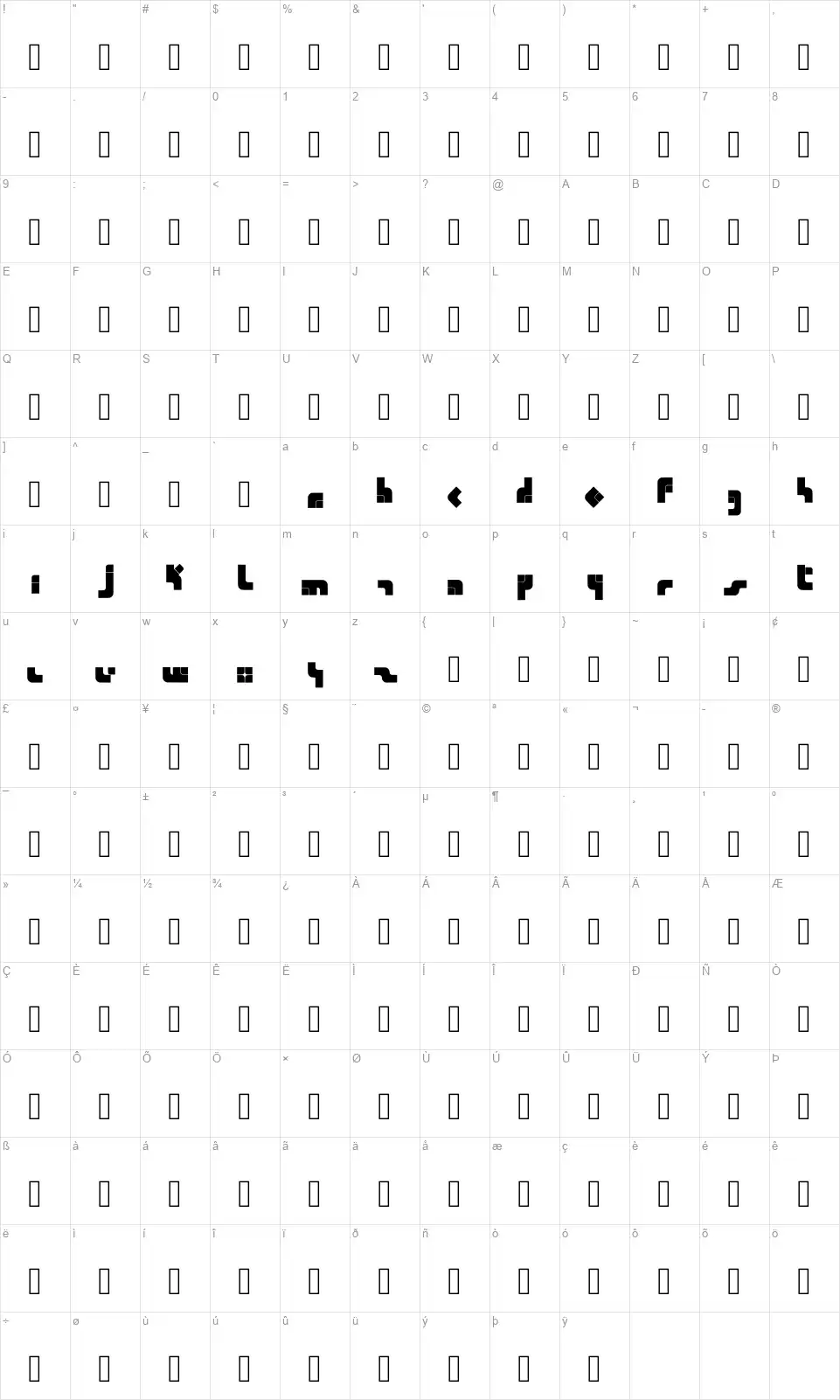 Calendrafont character map