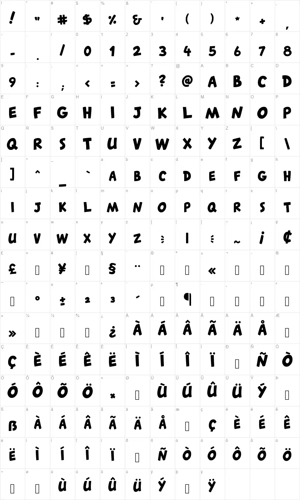 Canted FXfont character map