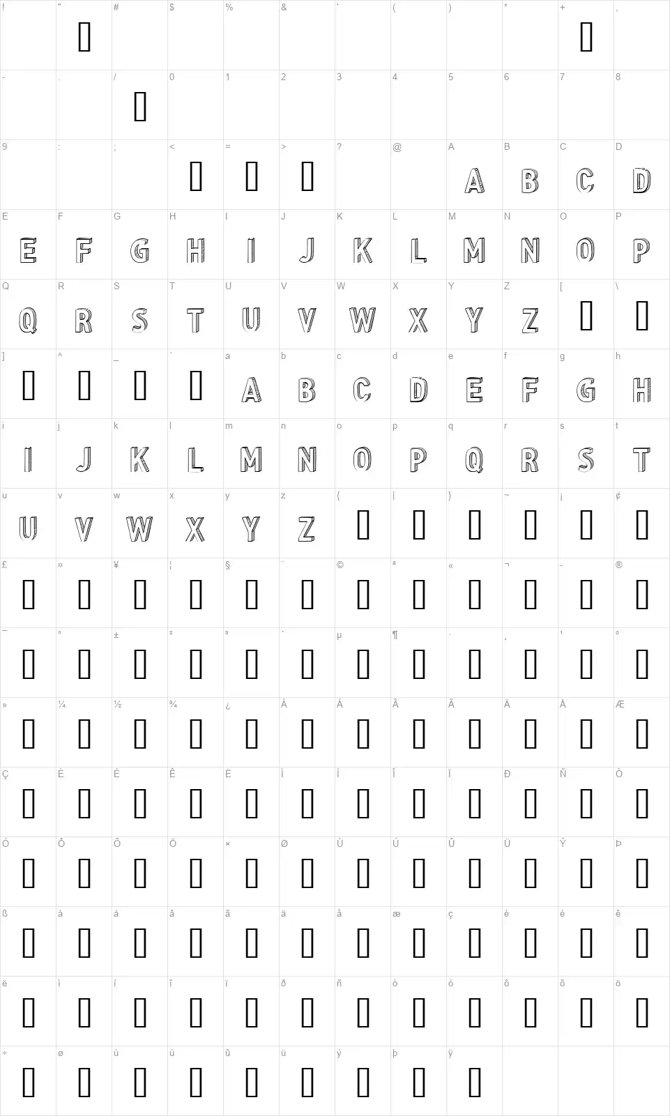 CF Three Dimensionsfont character map