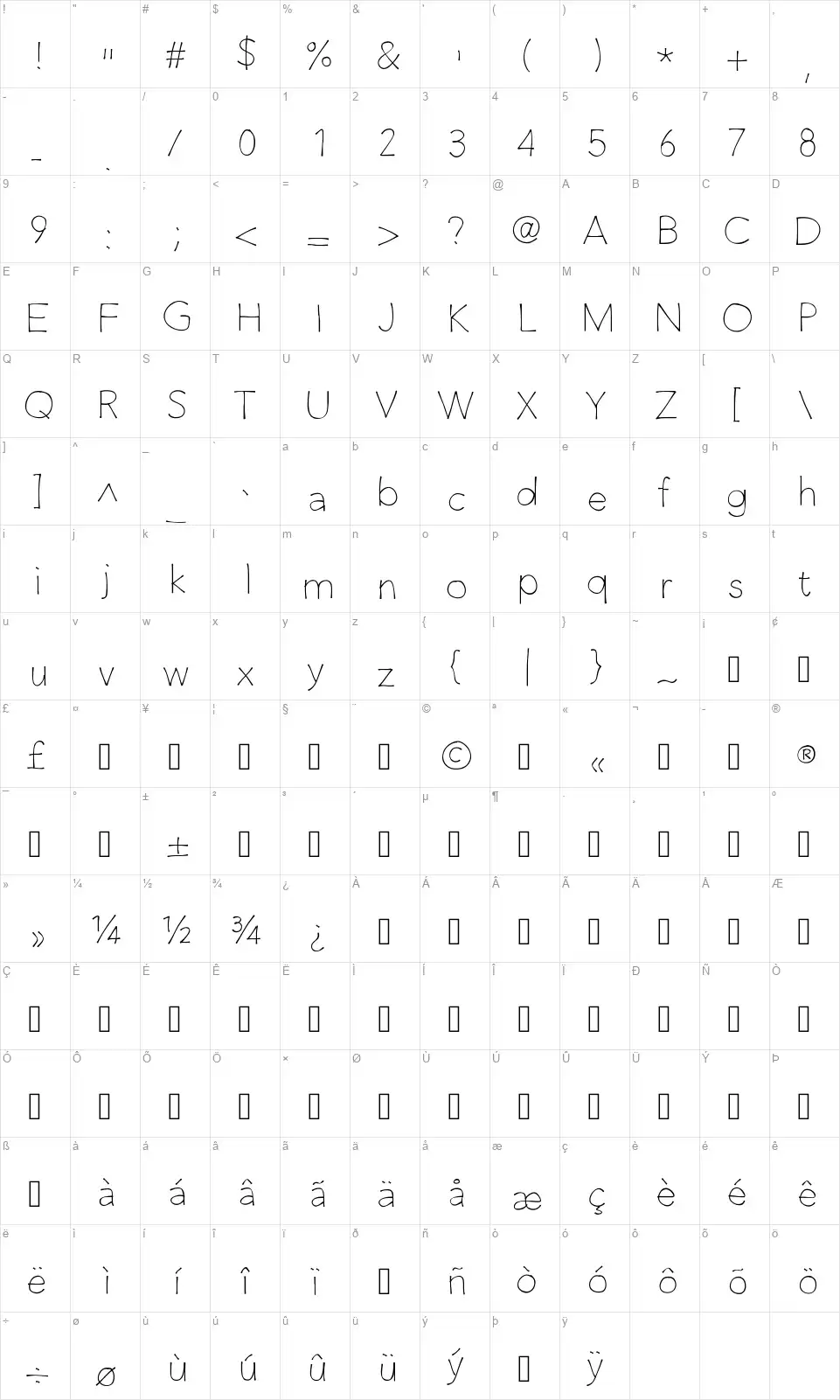 Claphappy Lightfont character map