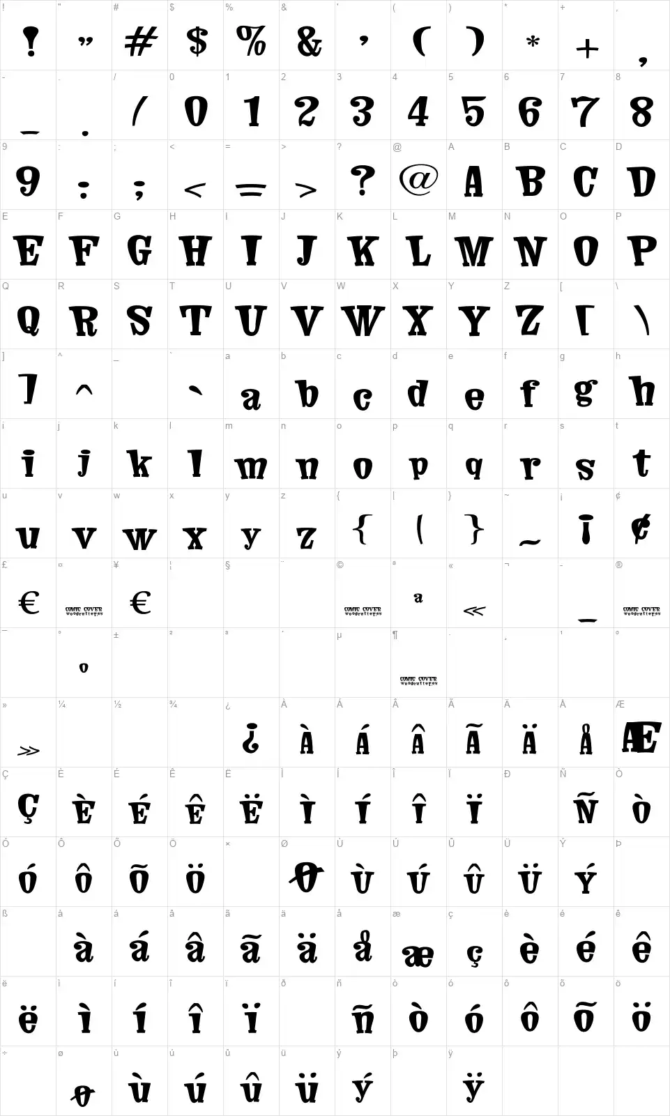 Comic Coverfont character map