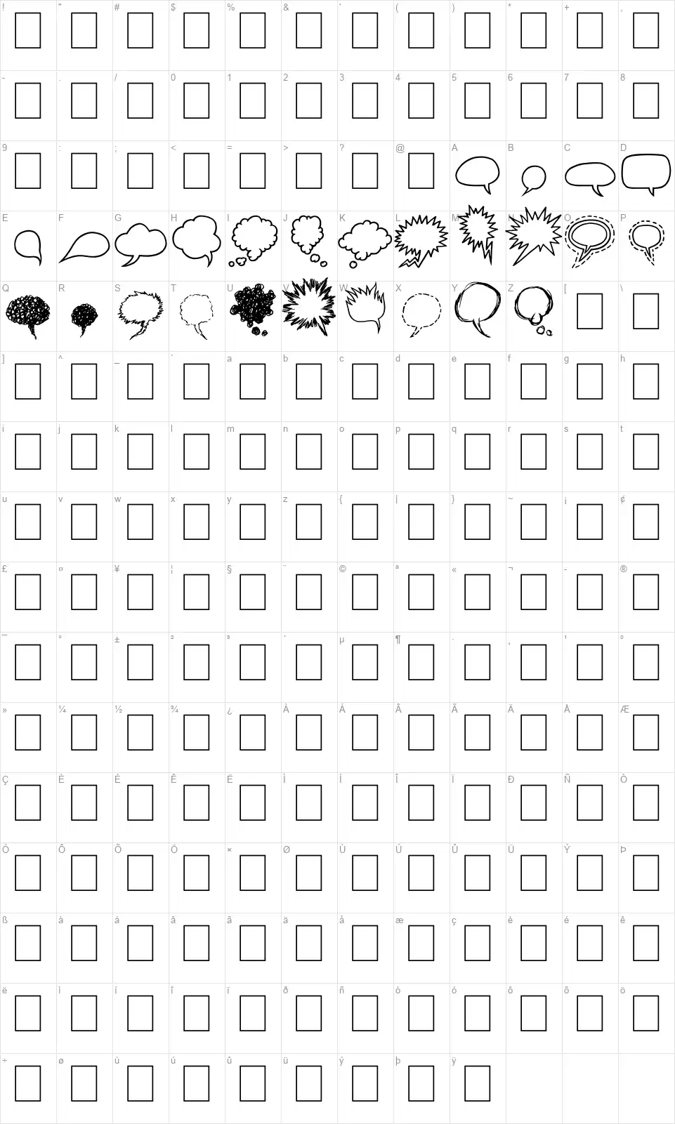 Comix Bubblesfont character map