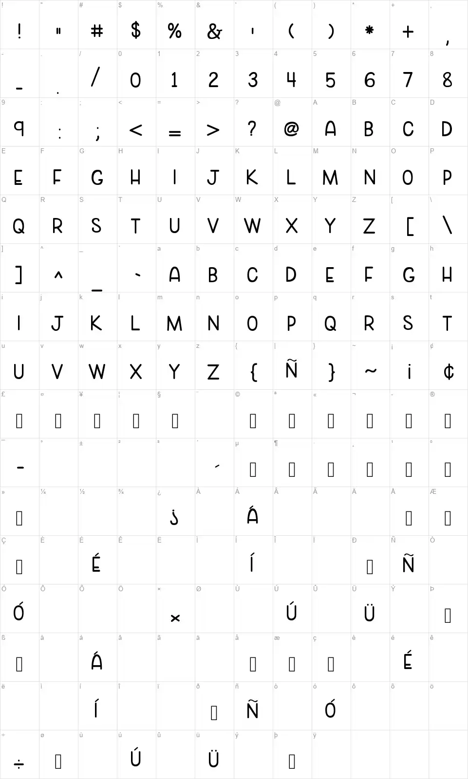 Cozy Capsfont character map
