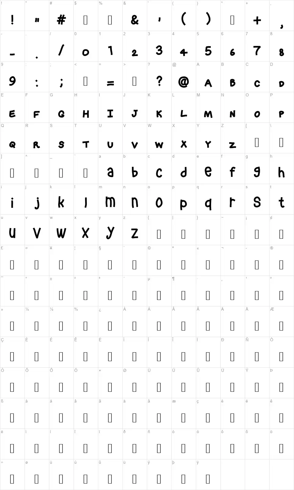Crashyfont character map