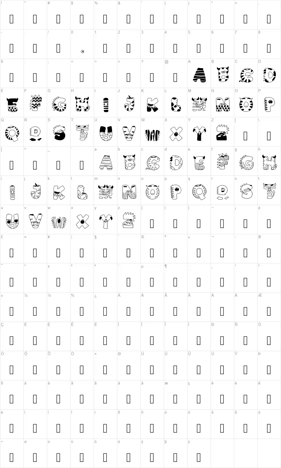 Crunchyy Monsterfont character map