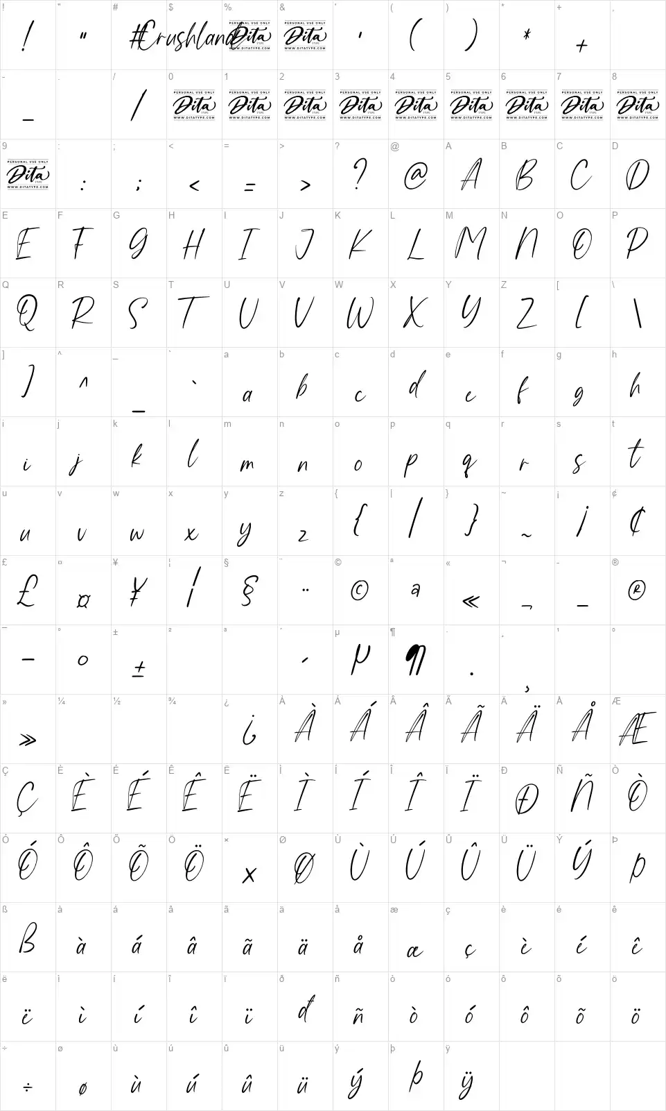 Crushlandfont character map