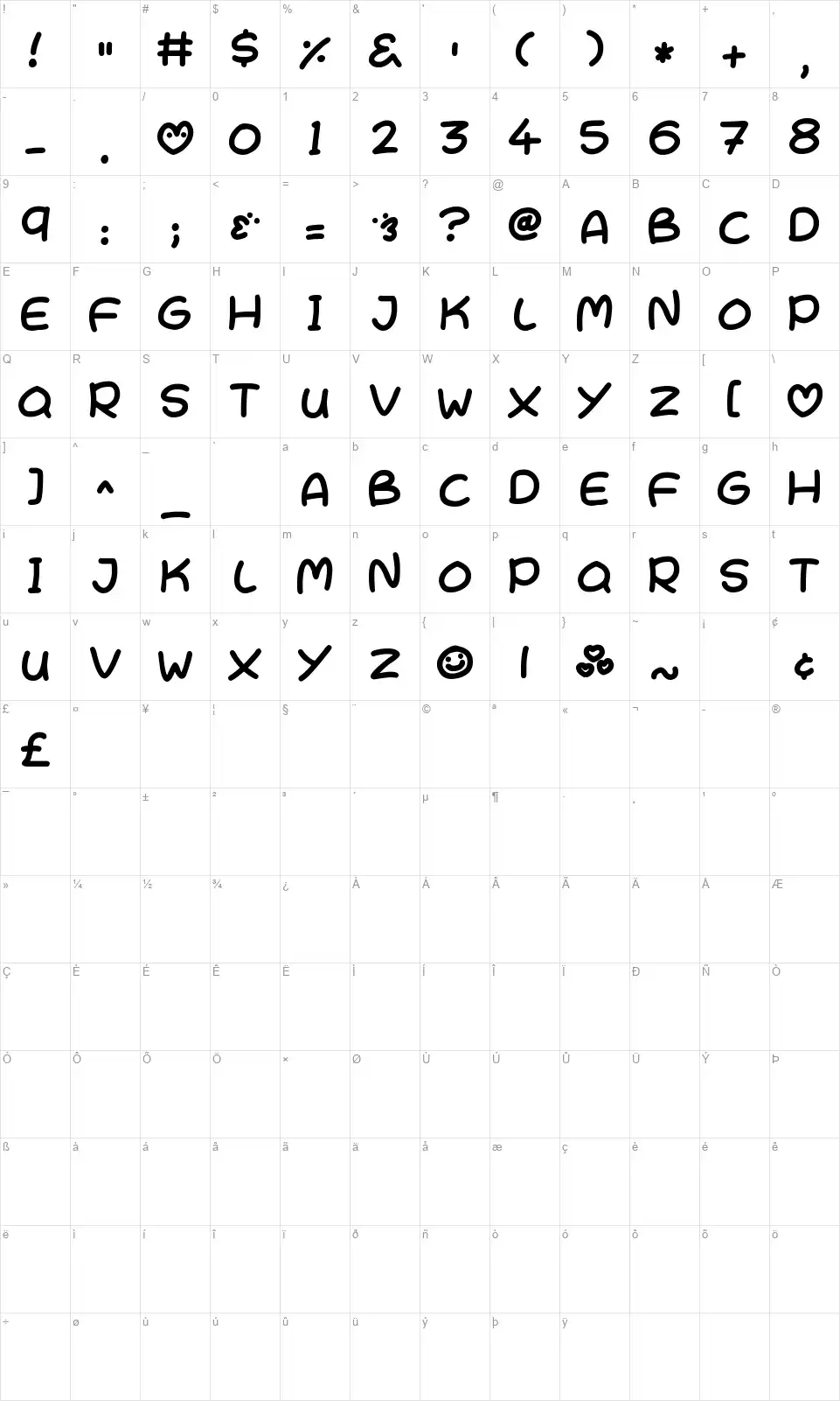 Cutesy Kissesfont character map