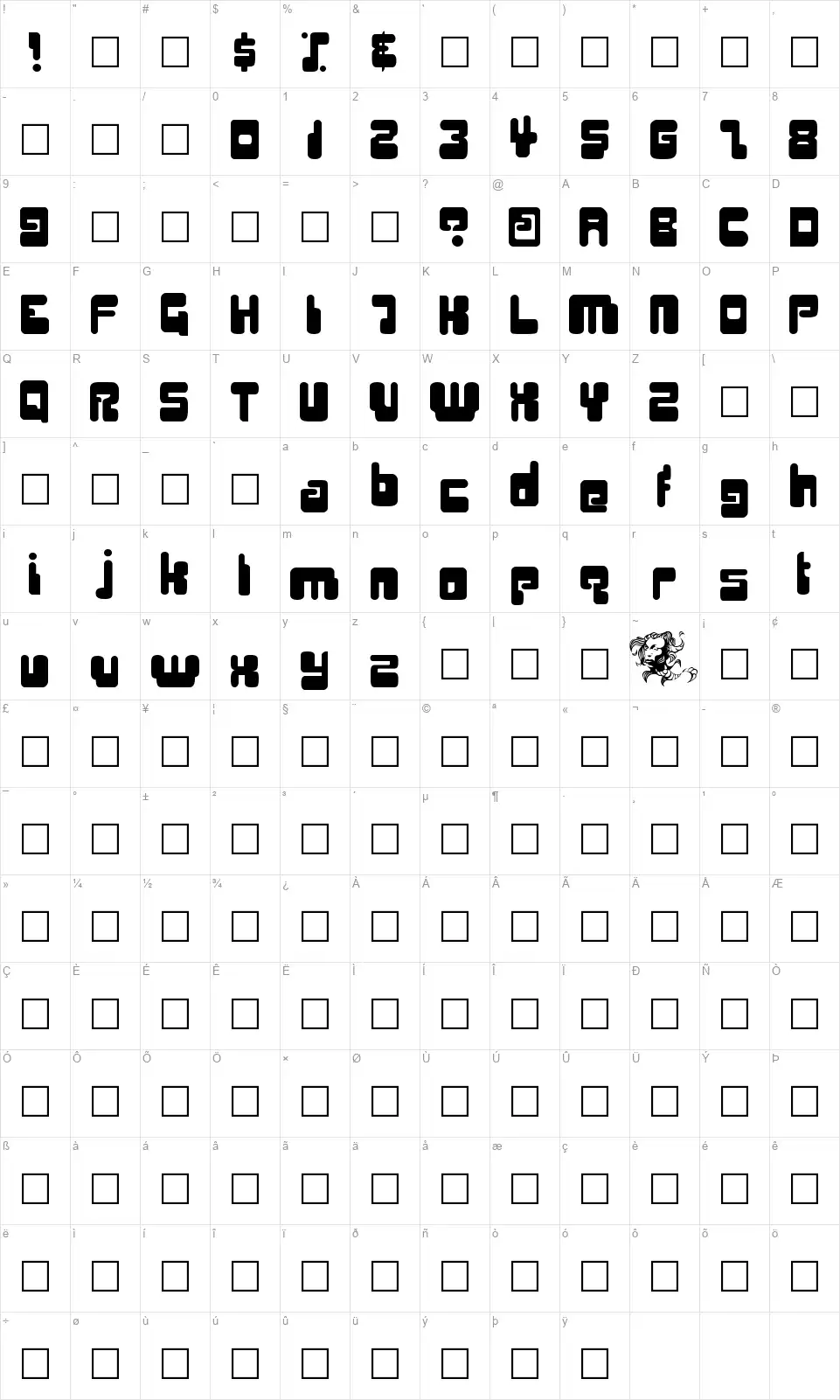 Digifitfont character map