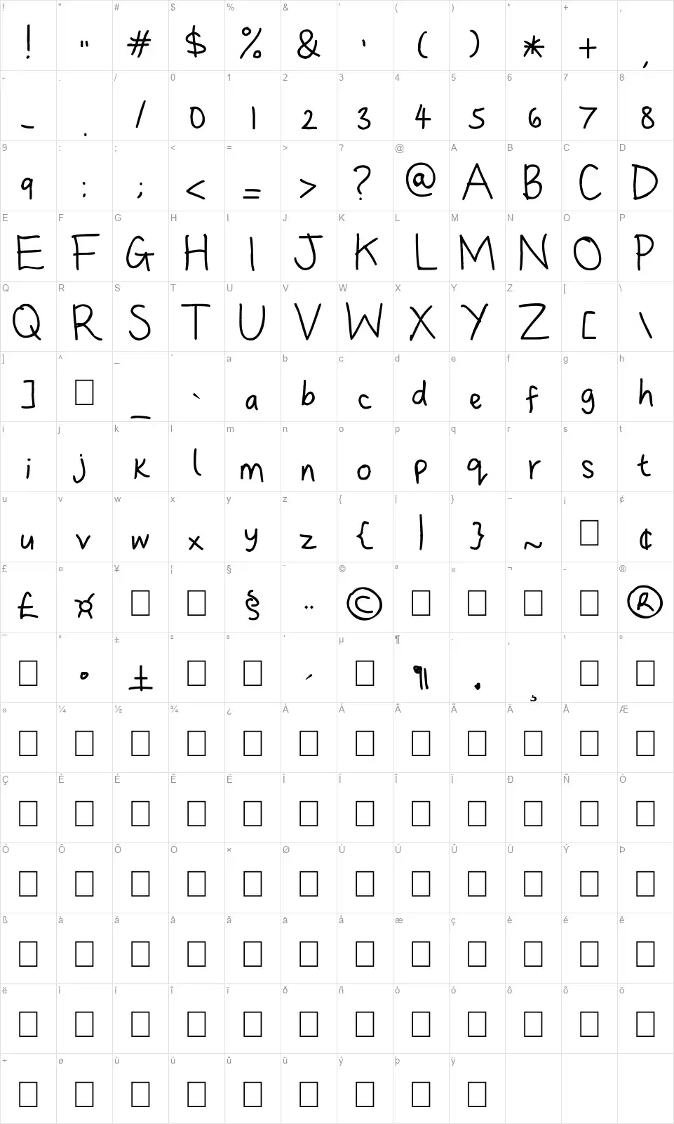 Dina's Handwritingfont character map