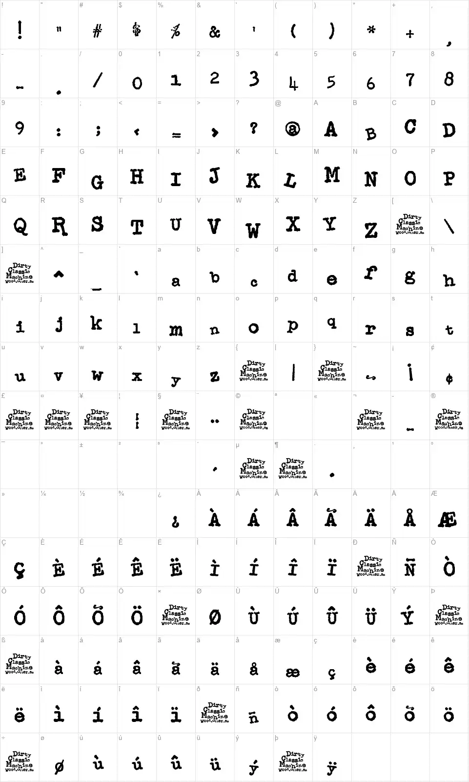 Dirty Classic Machinefont character map
