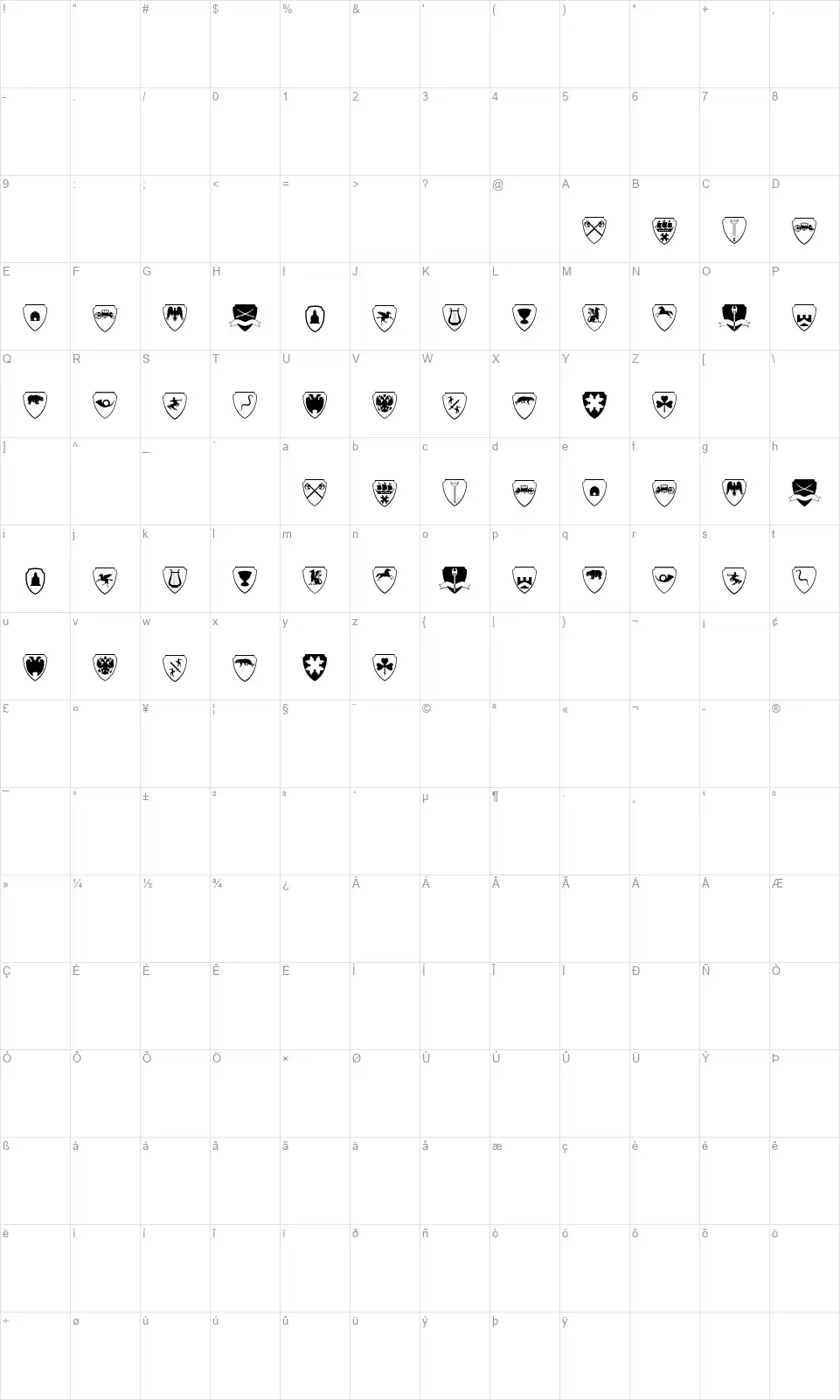 Easy Heraldicsfont character map