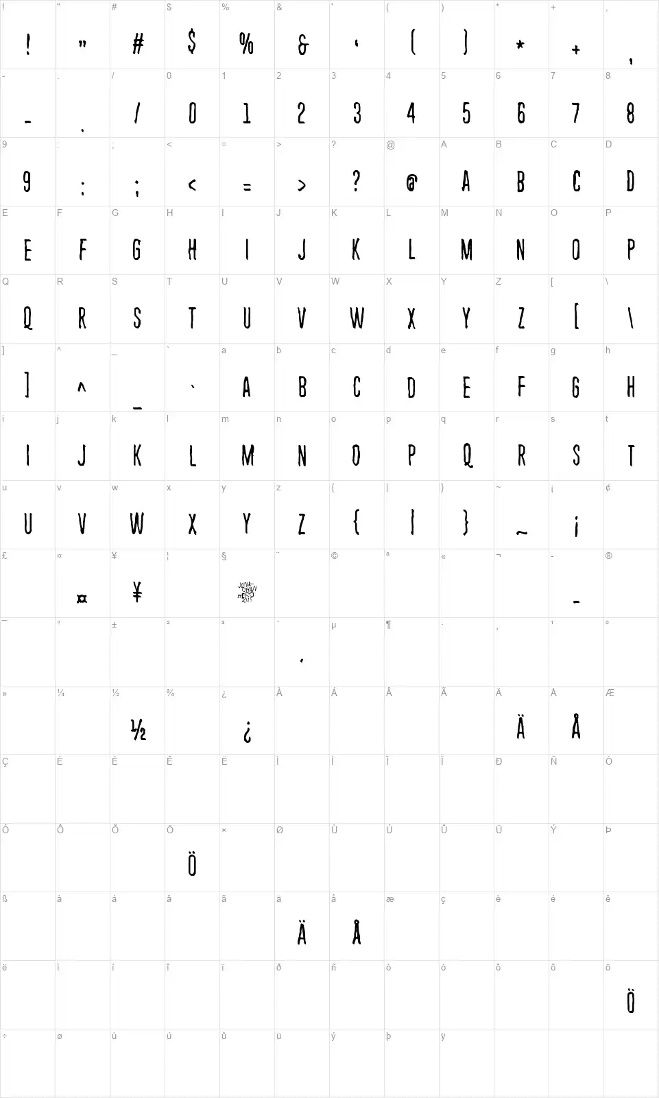 Endless heartachefont character map