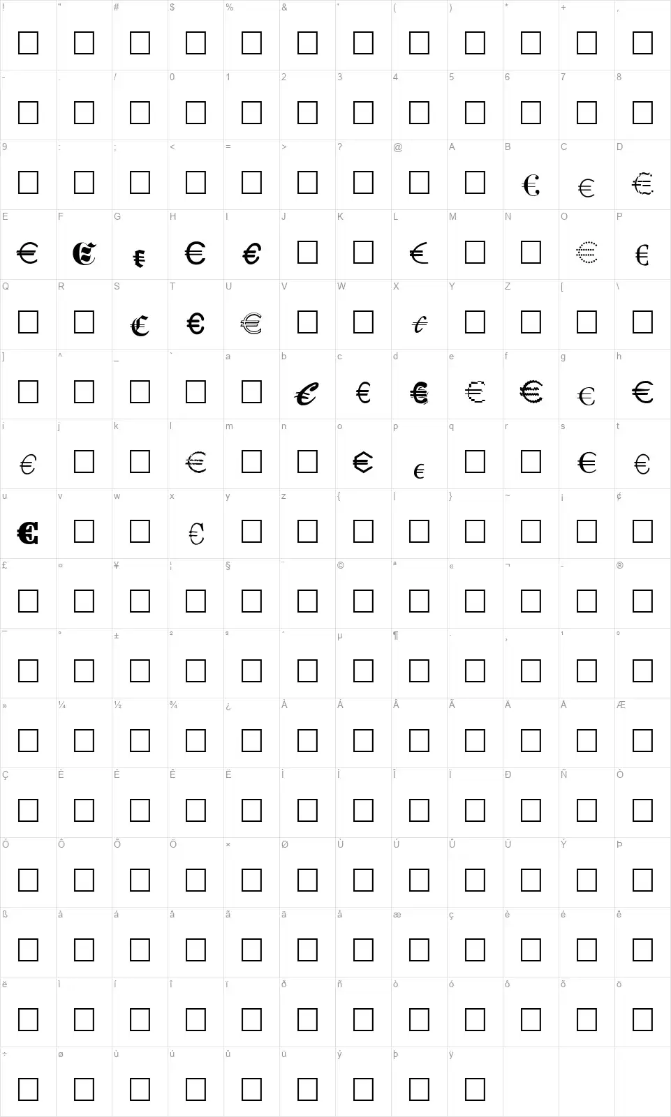 Euro Collectionfont character map