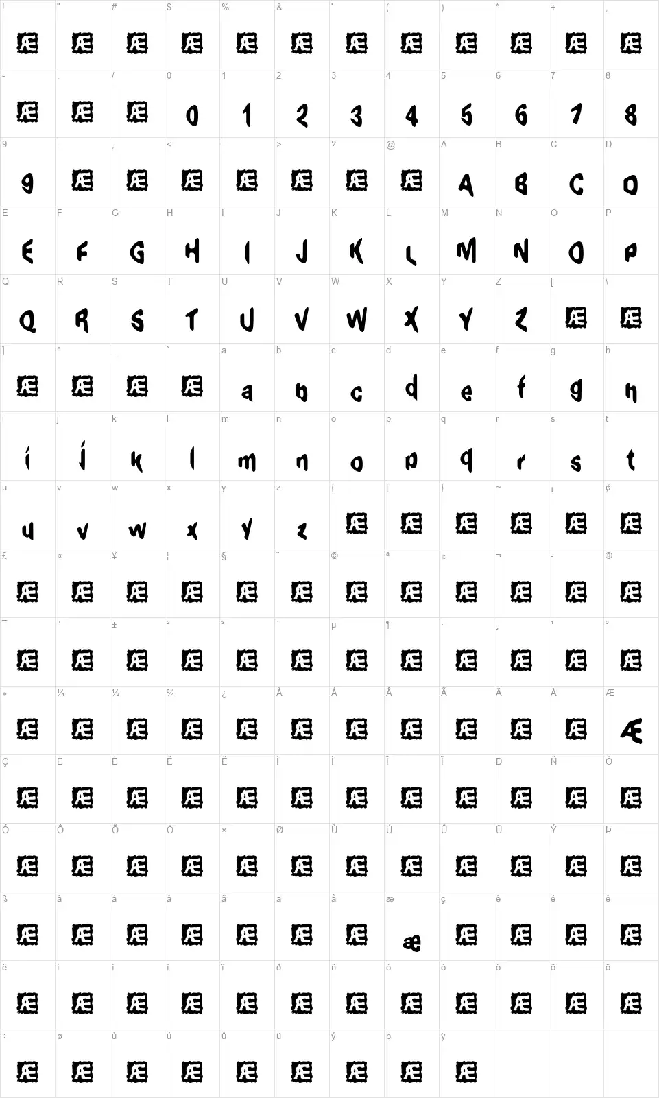 Exaggeratefont character map