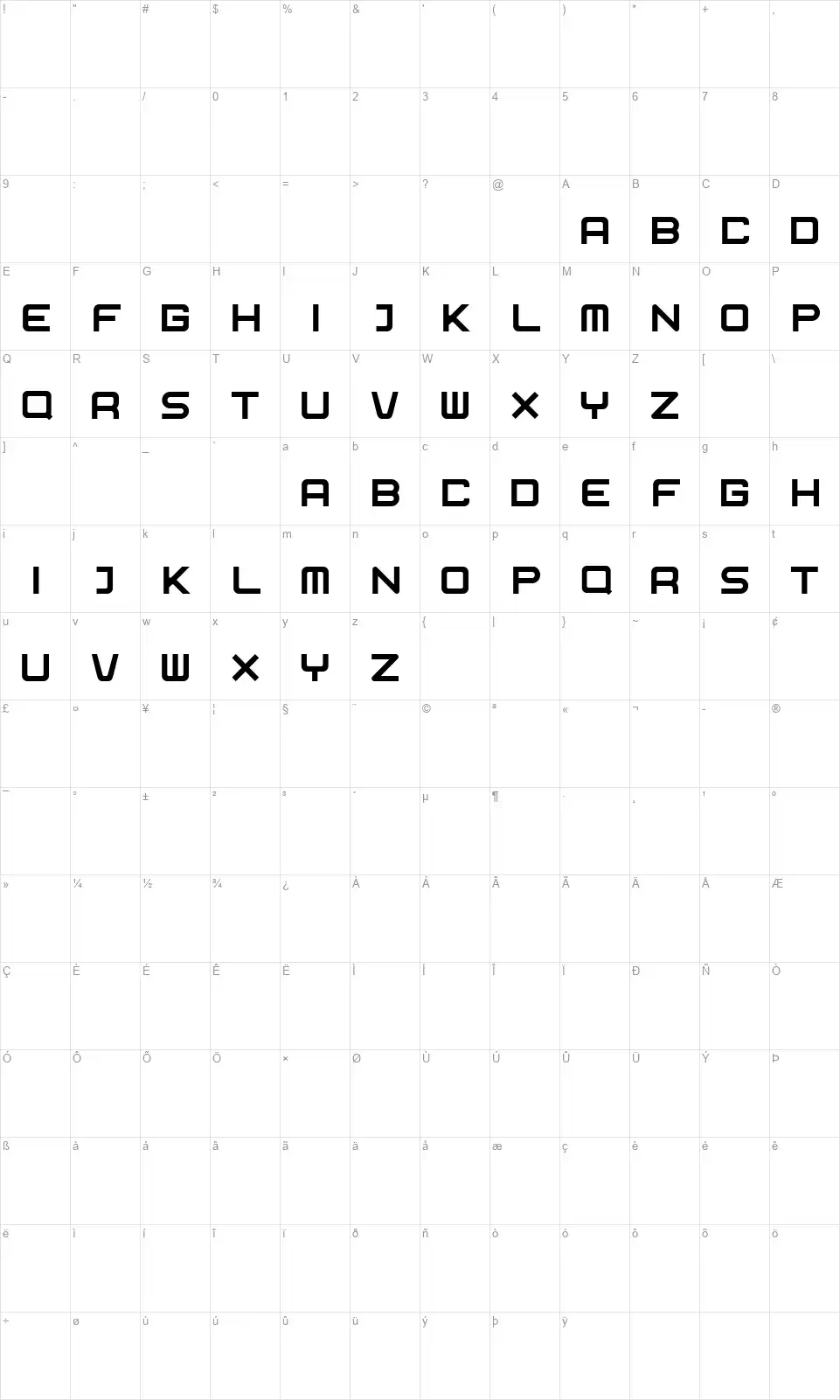 Exospherefont character map