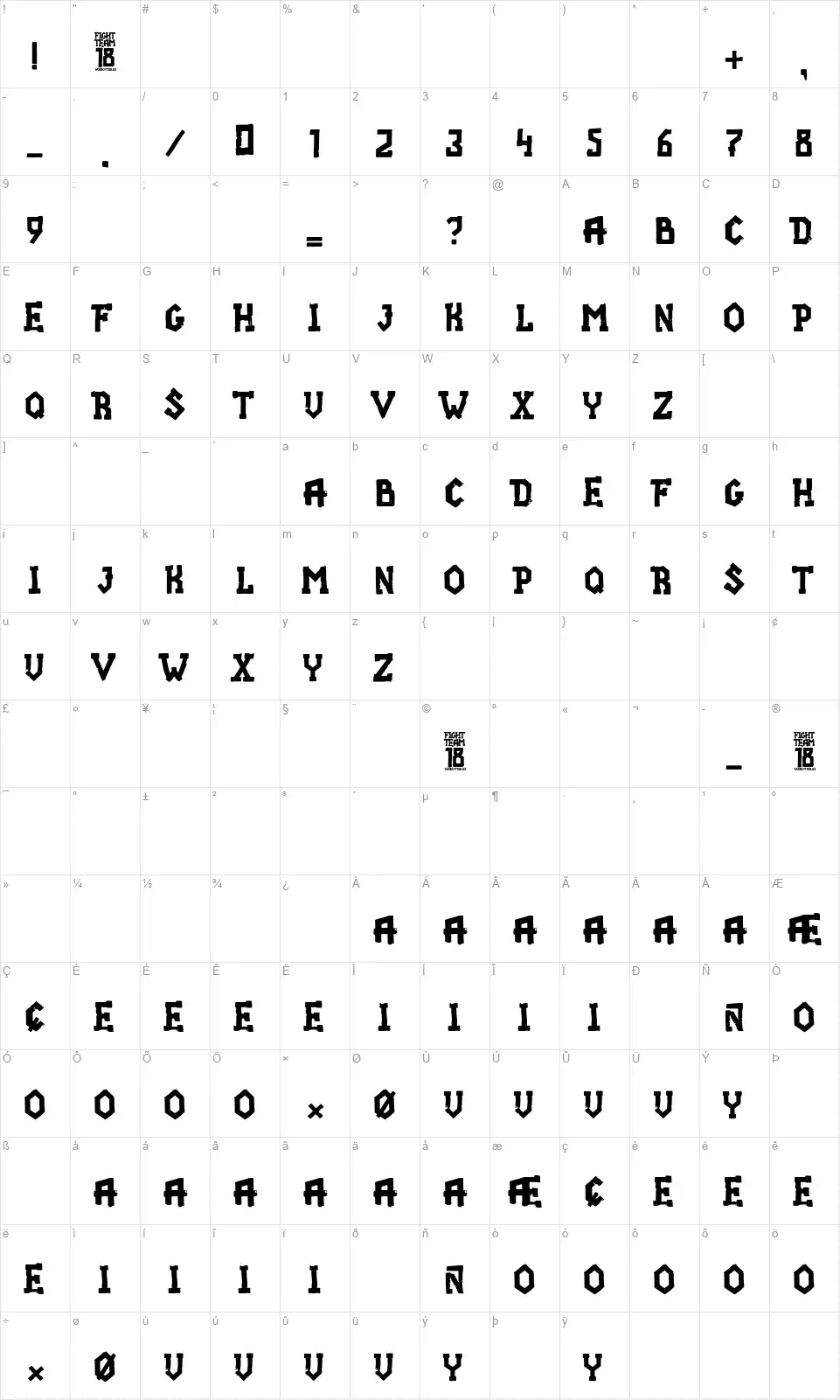 Fight team 18font character map