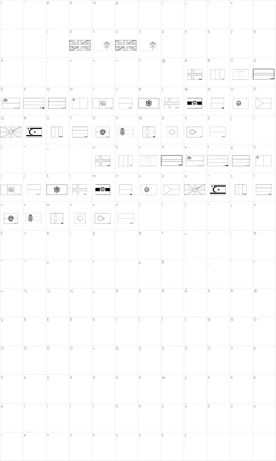 Flags of Europe 2font character map