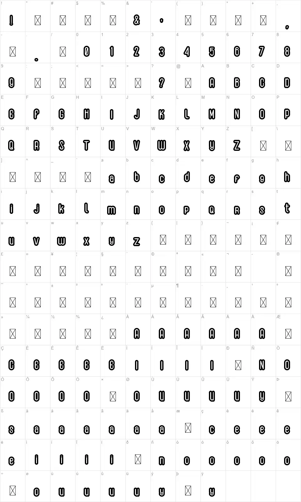 Gadrey Shadowfont character map