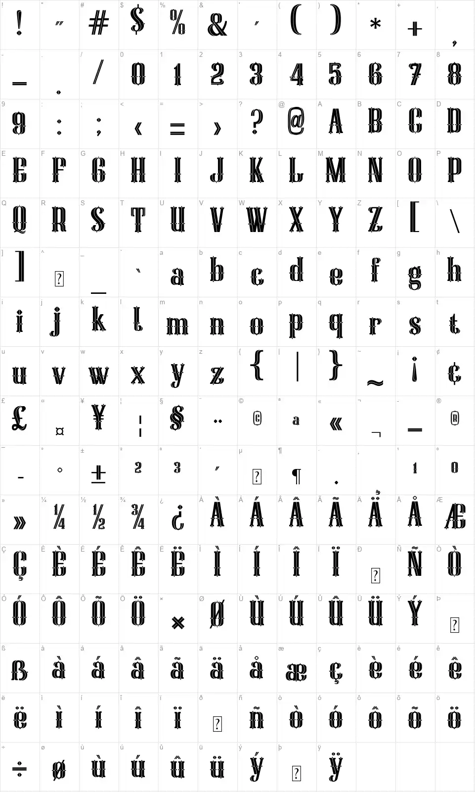 Gladhytefont character map