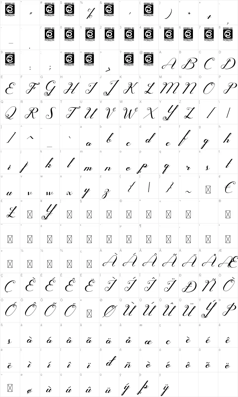 Glamouryfont character map
