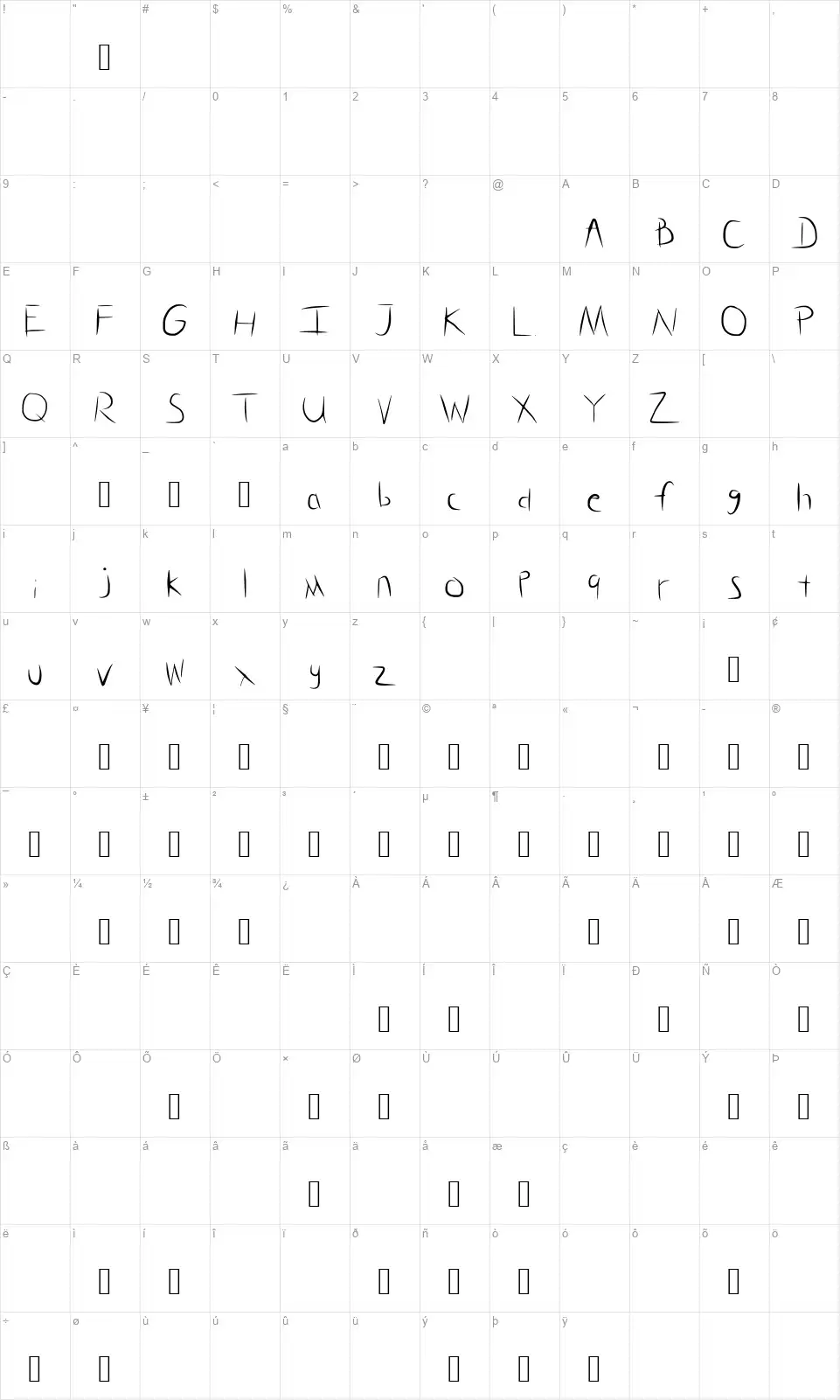 Glass Handfont character map