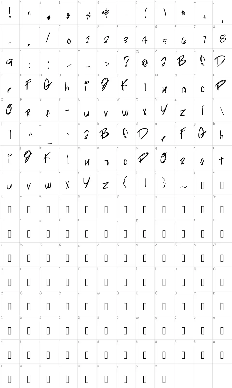 Gliiter Kittyfont character map
