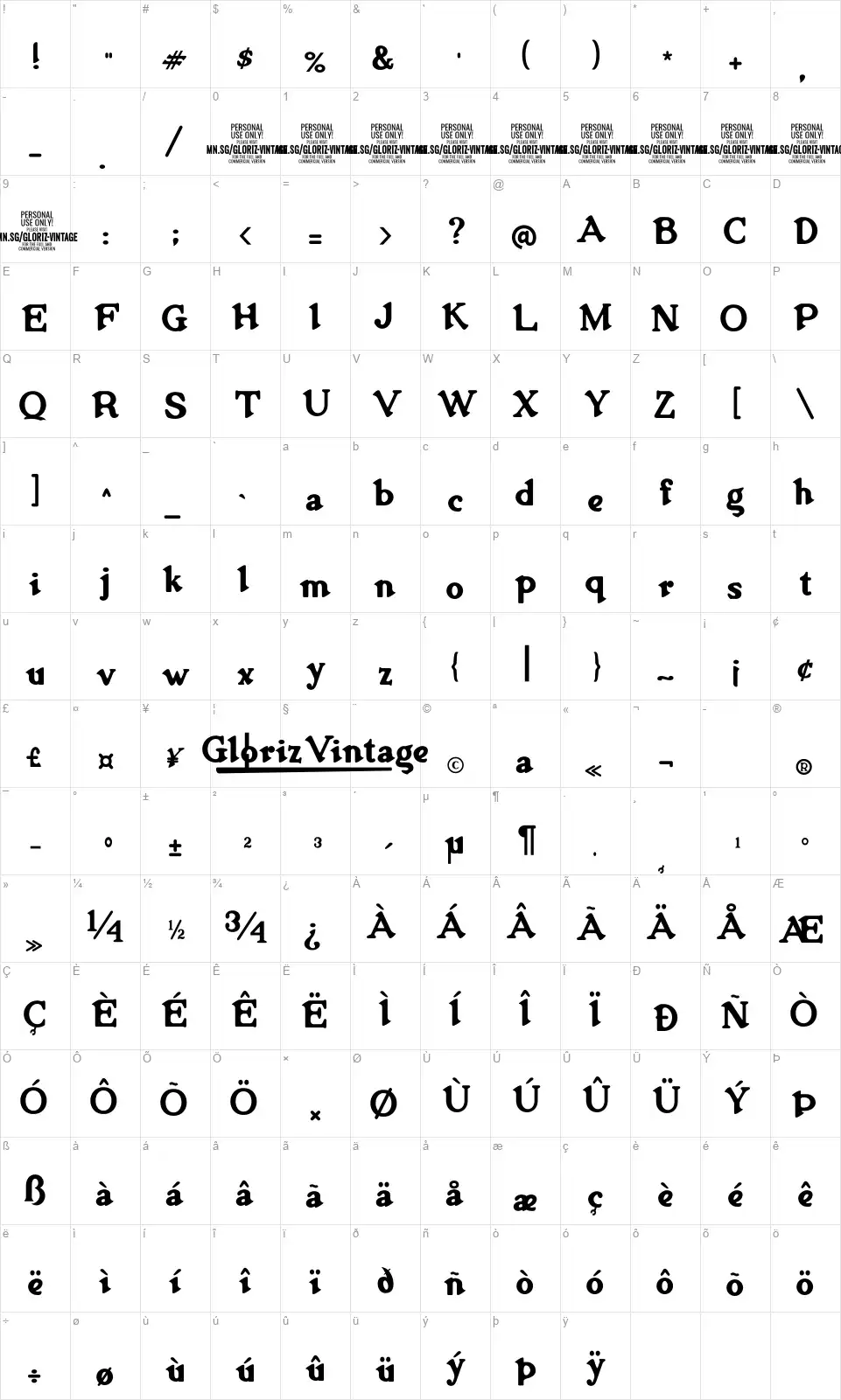Gloriz Vintagefont character map