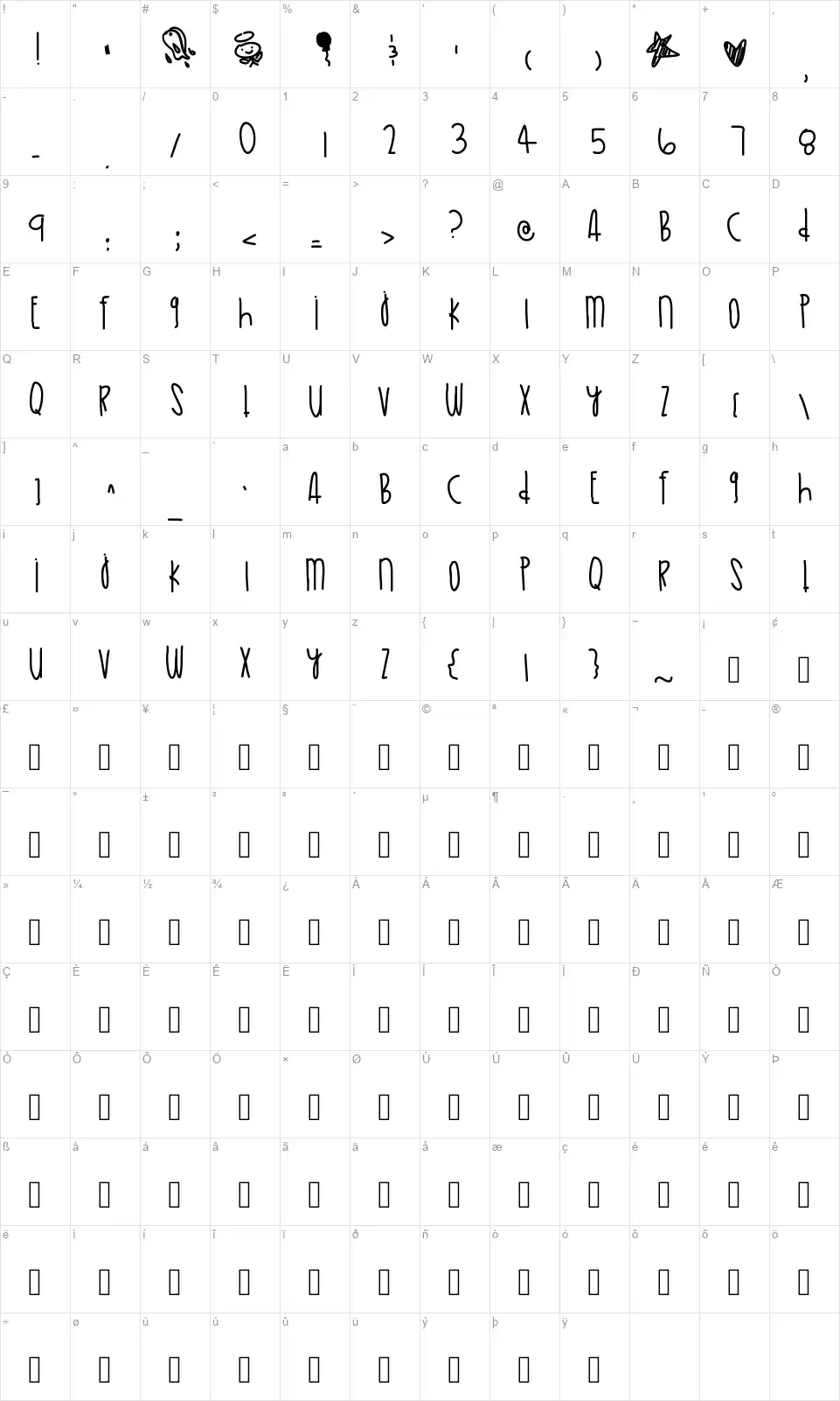 Golden Skiesfont character map