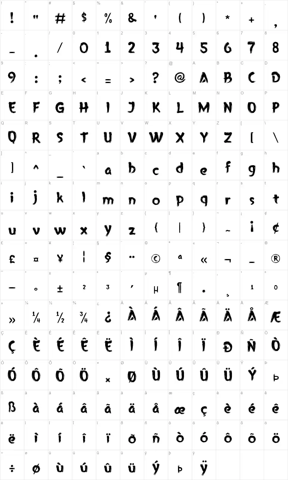 Grimroarfont character map